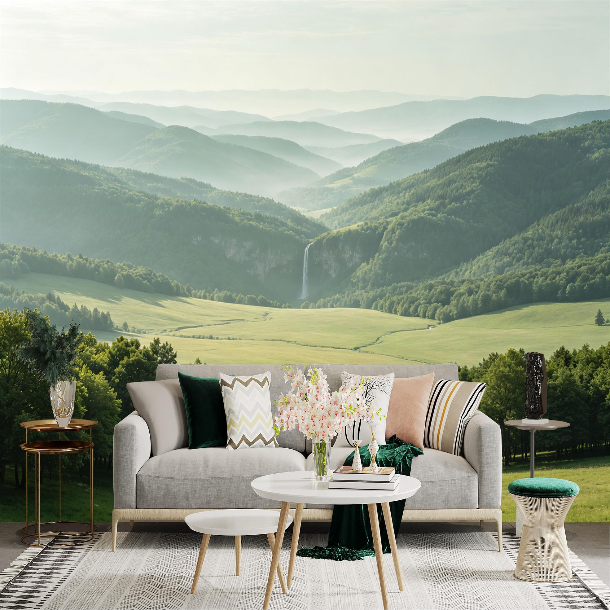 Lnzczhyre Dbh260521176 Custom Size Wall Sticker Mural， Scenic Waterfall In Misty Mountain Valley， Green Meadows And Forest Landscape， For Wall Decoration， Peelandstick Wall Decals.