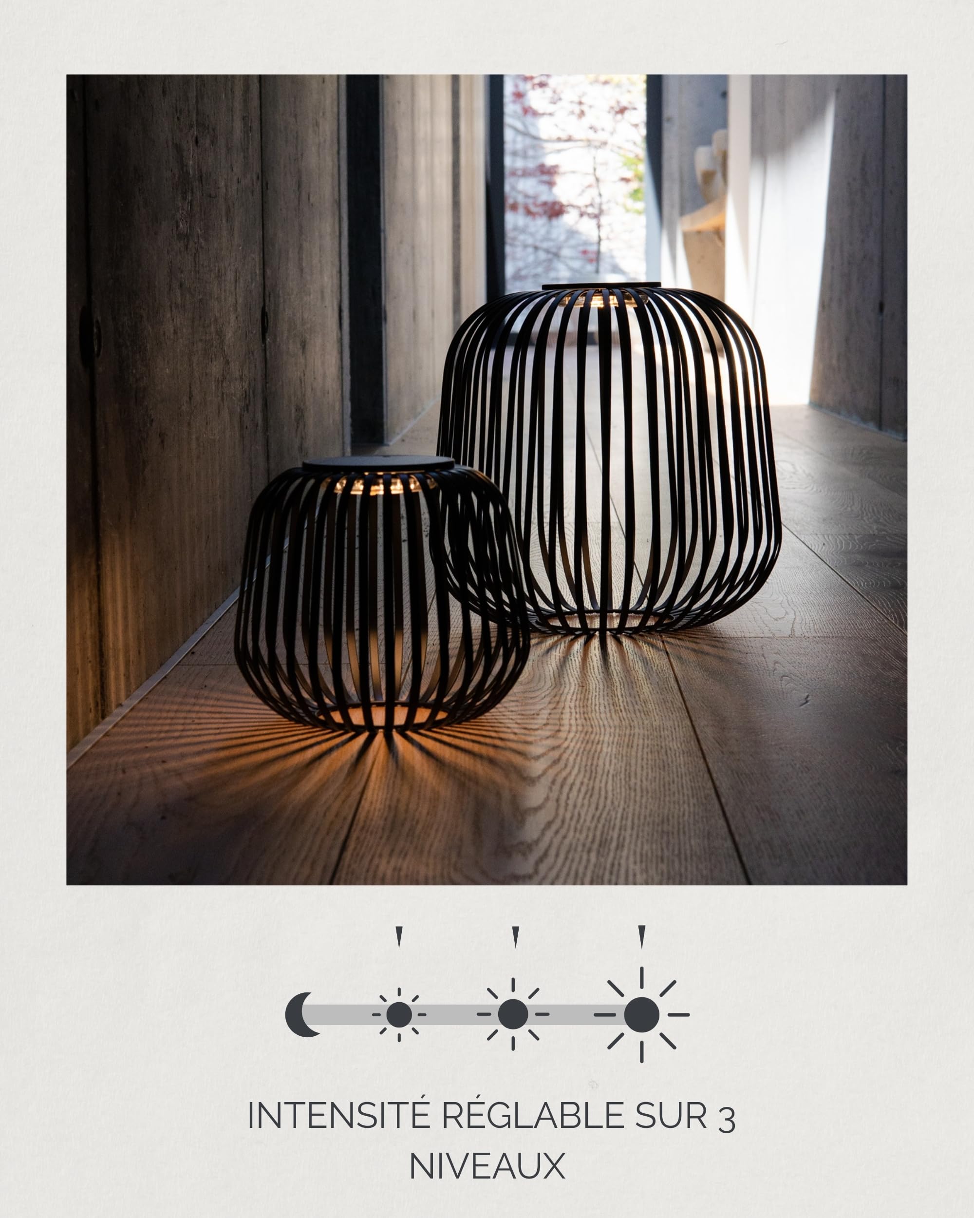 LUUK Studio Lanterne Solaire Noir, Rechargeable Lampe de Terrasse, sans fil étanchéité IP65 pour usage intérieur et extérieur, Decoration jardin, Eclairage Balcon, Patio, Lumière d’ambiance dimmable
