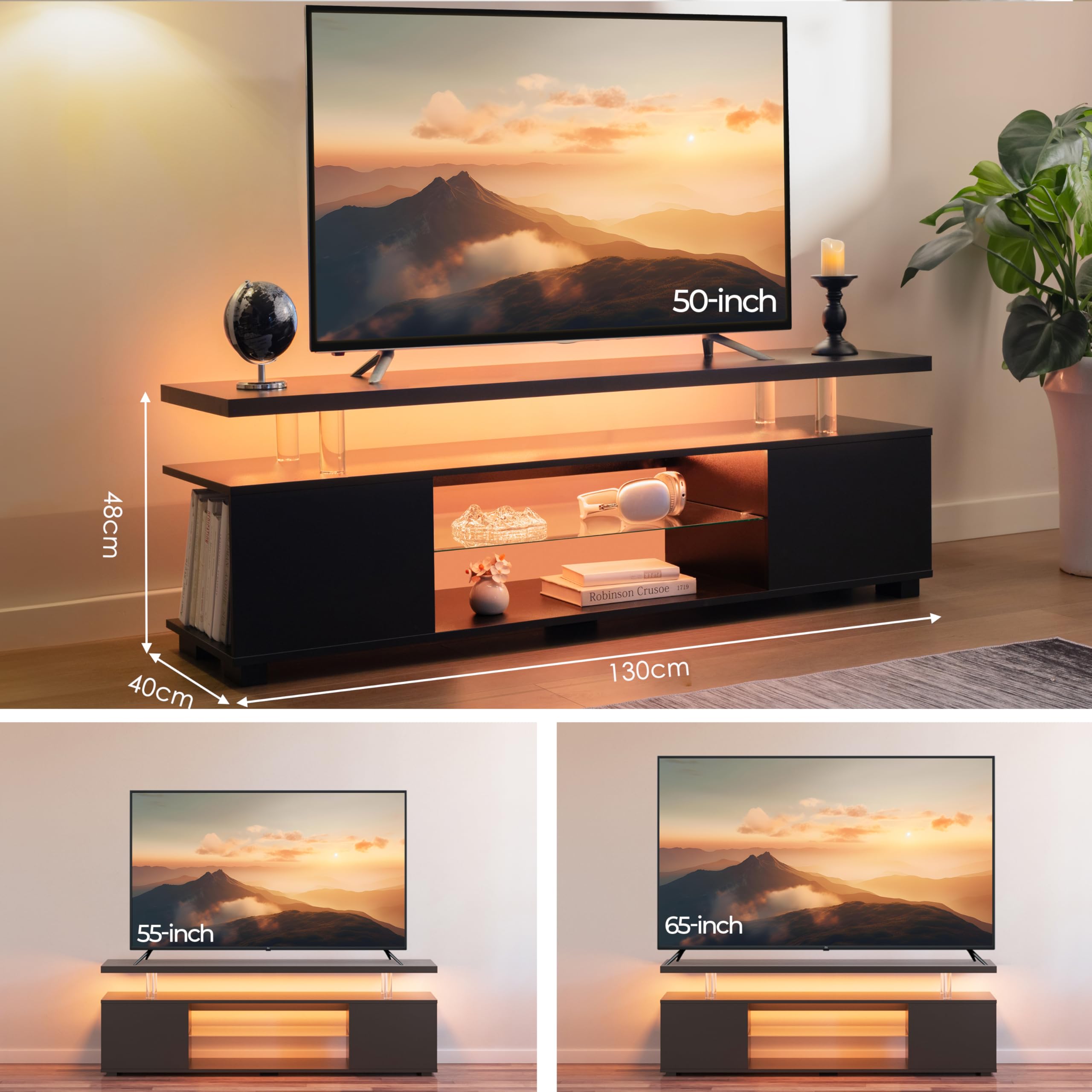 Cubehom LED TV-Schrank 130 cm, Moderno mobile porta TV con illuminazione a LED e spazio di archiviazione, tavolo TV per soggiorno, per televisori fino a 60 pollici, Nero