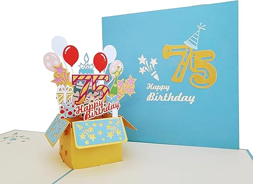 Miniatura 4 de iGifts And Cards Tarjeta de felicitación desplegable 3D con caja de fiesta de cumpleaños número 75 color azul – Setenta y cinco, impresionante,