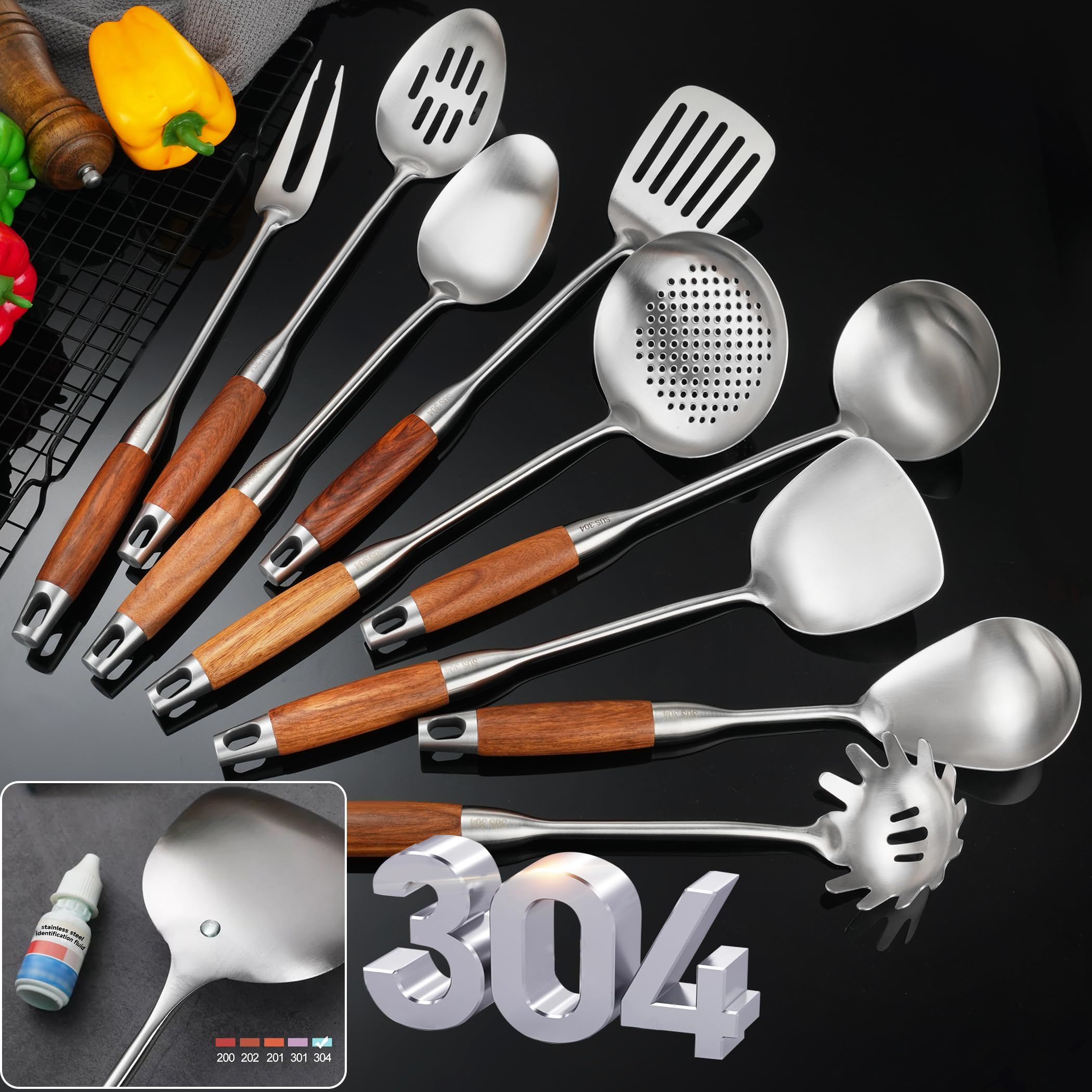 Küchenutensilien-Set aus 304 Edelstahl mit Holzgriff zum Kochen, 9-teilig, mit solidem Löffel, Schlitzlöffel, Gabel, Pfannenwender, Schöpflöffel, Schaumlöffel, Spaghetti-Löffel, großem Löffel