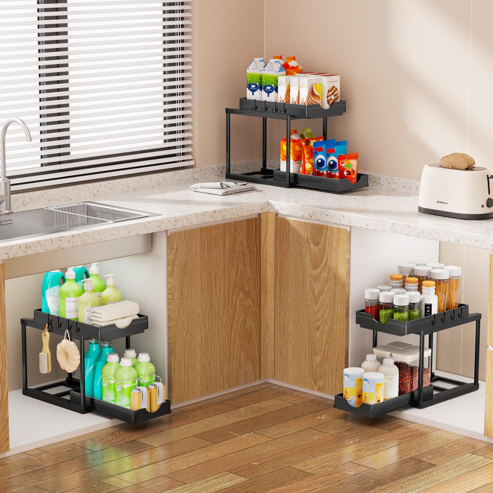 ARSTPEOE Organizer Sottolavello Cucina - Cassetto Estraibile, Scaffale Cucina a 2 Livelli, Mobile Sottolavello con Ganci, Organizer Cassetti, Nero, 1 Pezzi
