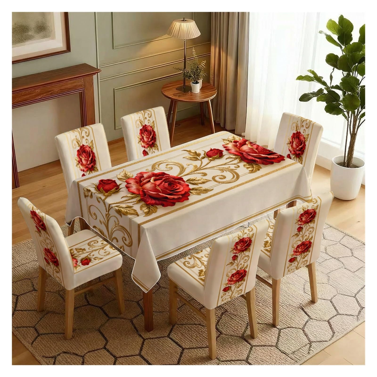 BOSUYBN Stretch Dining Chair Slipcovers And Tablecloth Set, Red Rose Gold Scroll Print, 5/7 Pack For Dining Room Luxury Home Decor Table Setting(7pcs Set: Tablecloth+Chair Covers)
