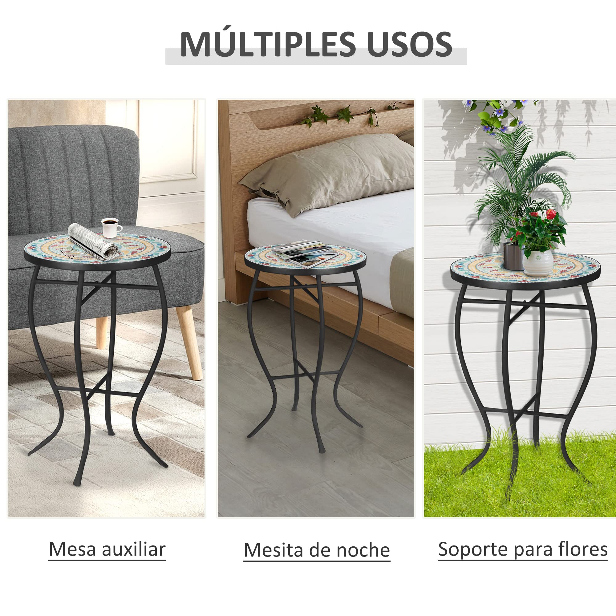 Outsunny Mesa de Jardín Redonda Mosaico Patas Metal Ø35,5x53,5 cm Turquesa