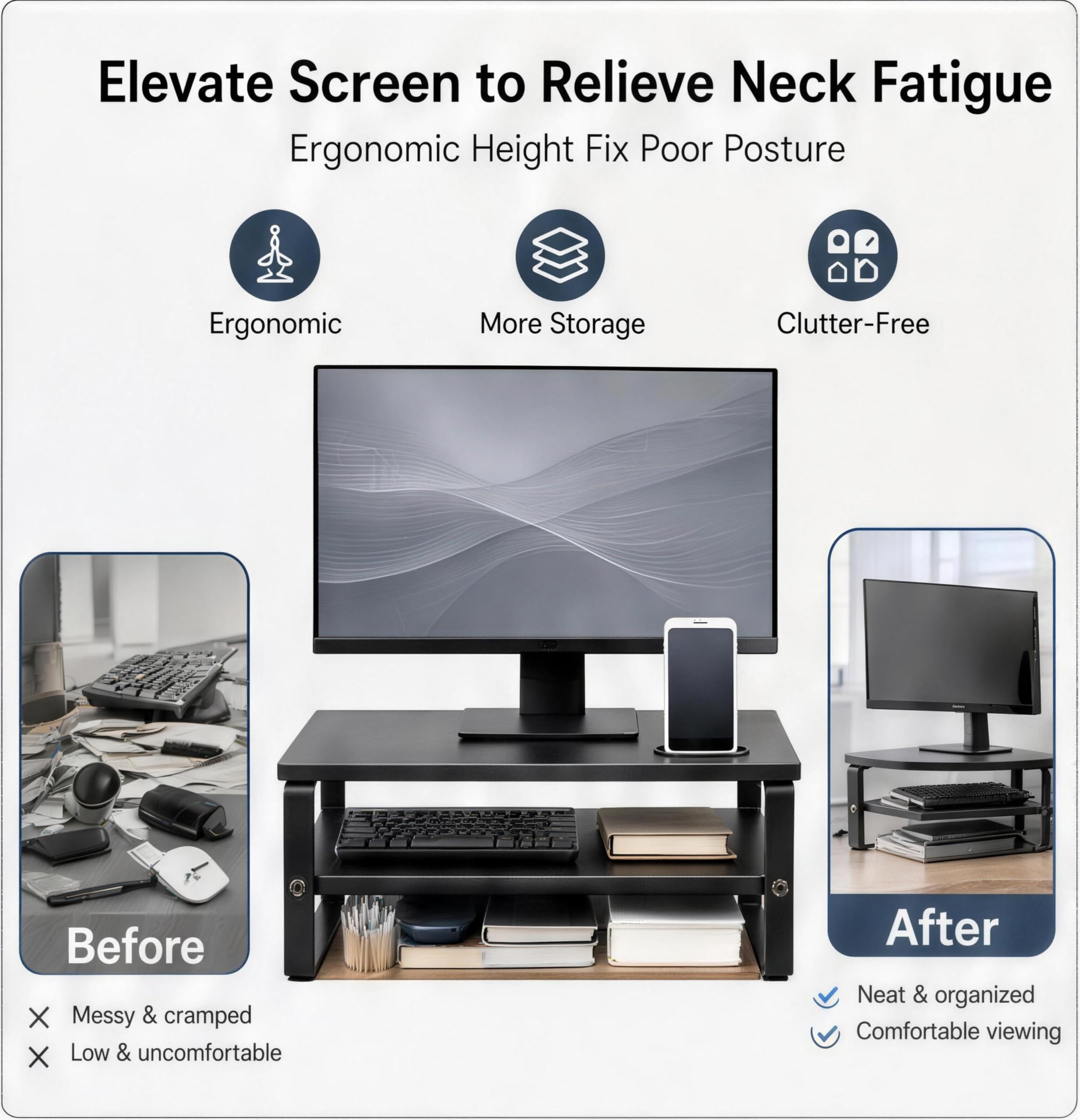 Supporto per monitor con supporto per telefono, supporto ergonomico per laptop a 2 livelli con cuscinetti antiscivolo per computer, notebook, iMac, PC, carico 50 kg, organizer da scrivania