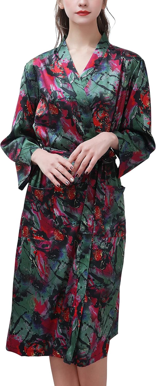 FEOYA Kimono Robe de Chambre Femme en Soie Artificielle Imprimé avec