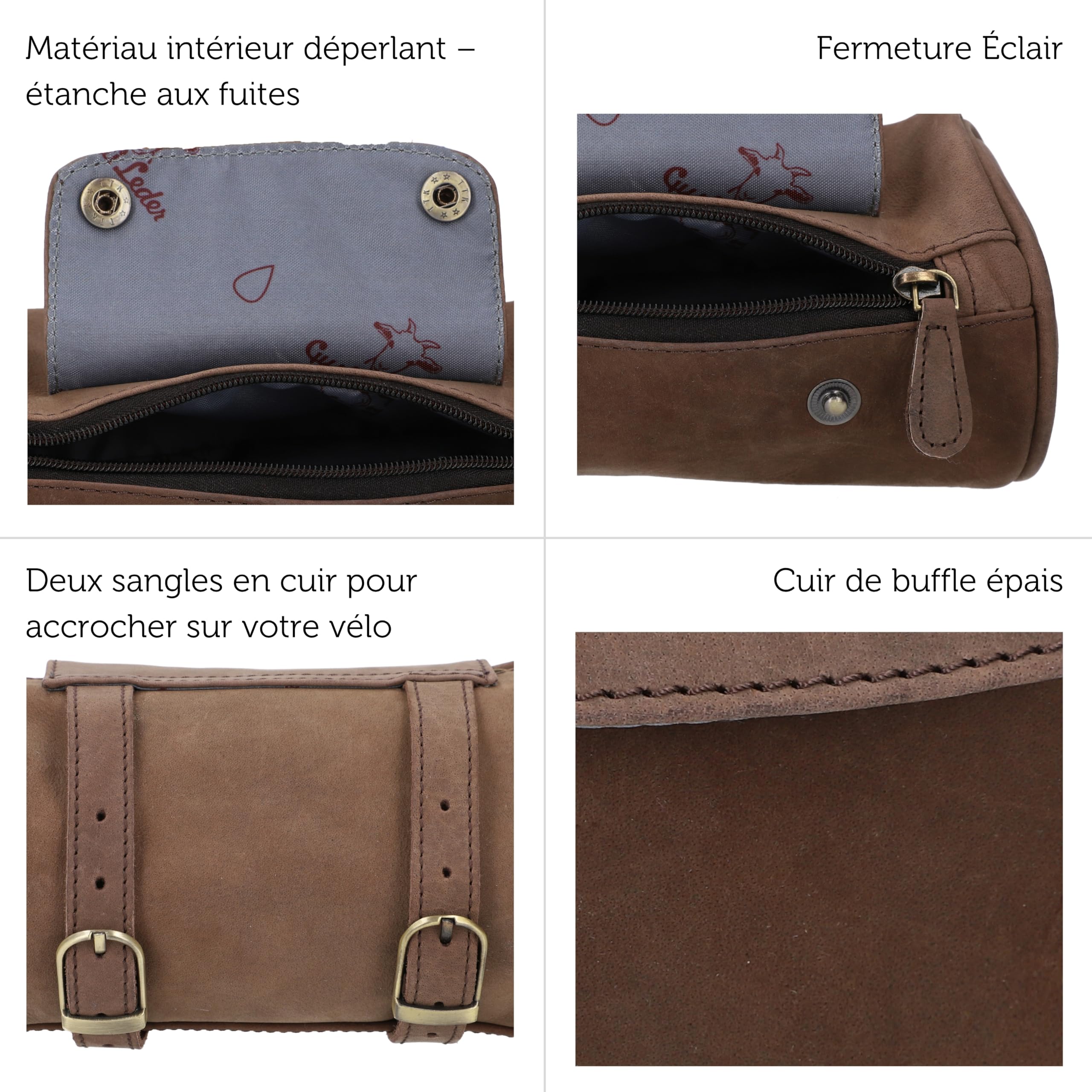 Gusti Cuir Studio - Sacoche pour vélo „Judith A.“ Sac pour Guidon de vélo Sac de Cadre en Cuir de Buffle Waterproof Marron foncé 2G14-20-4wp