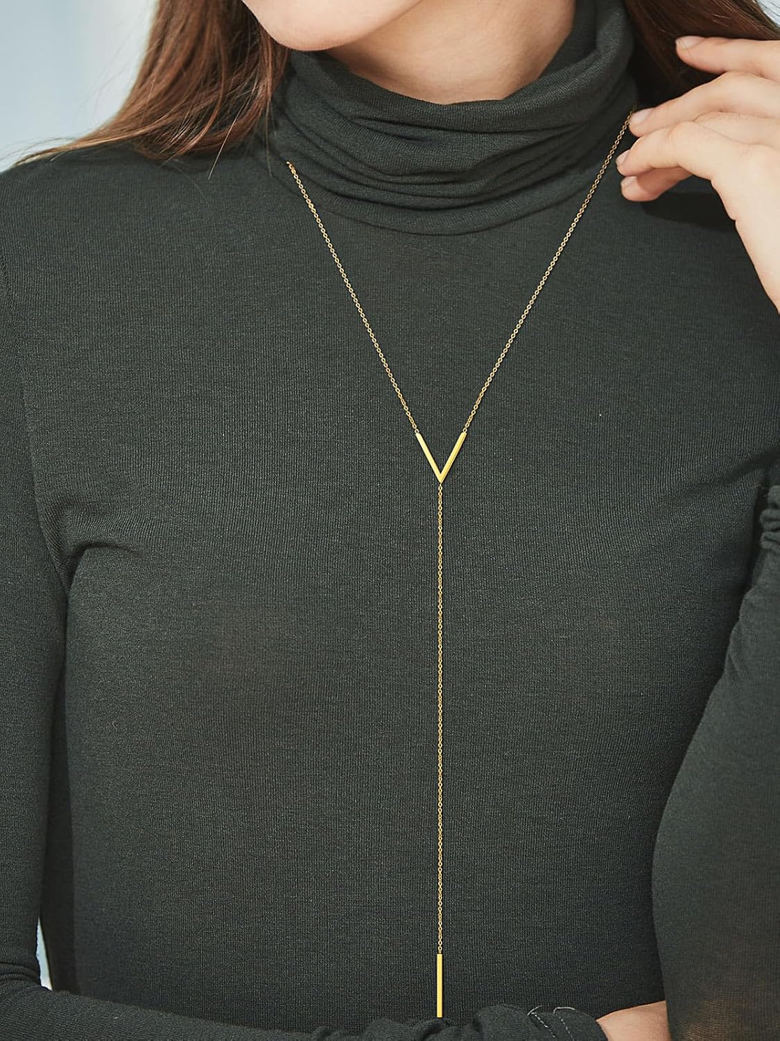 FOCALOOK Long Necklaces for Women 14K Gold Plated Dainty Drop Bar Pendant Lariat Y-Shaped Necklace Earring Set 28inch/73cm - Image 4