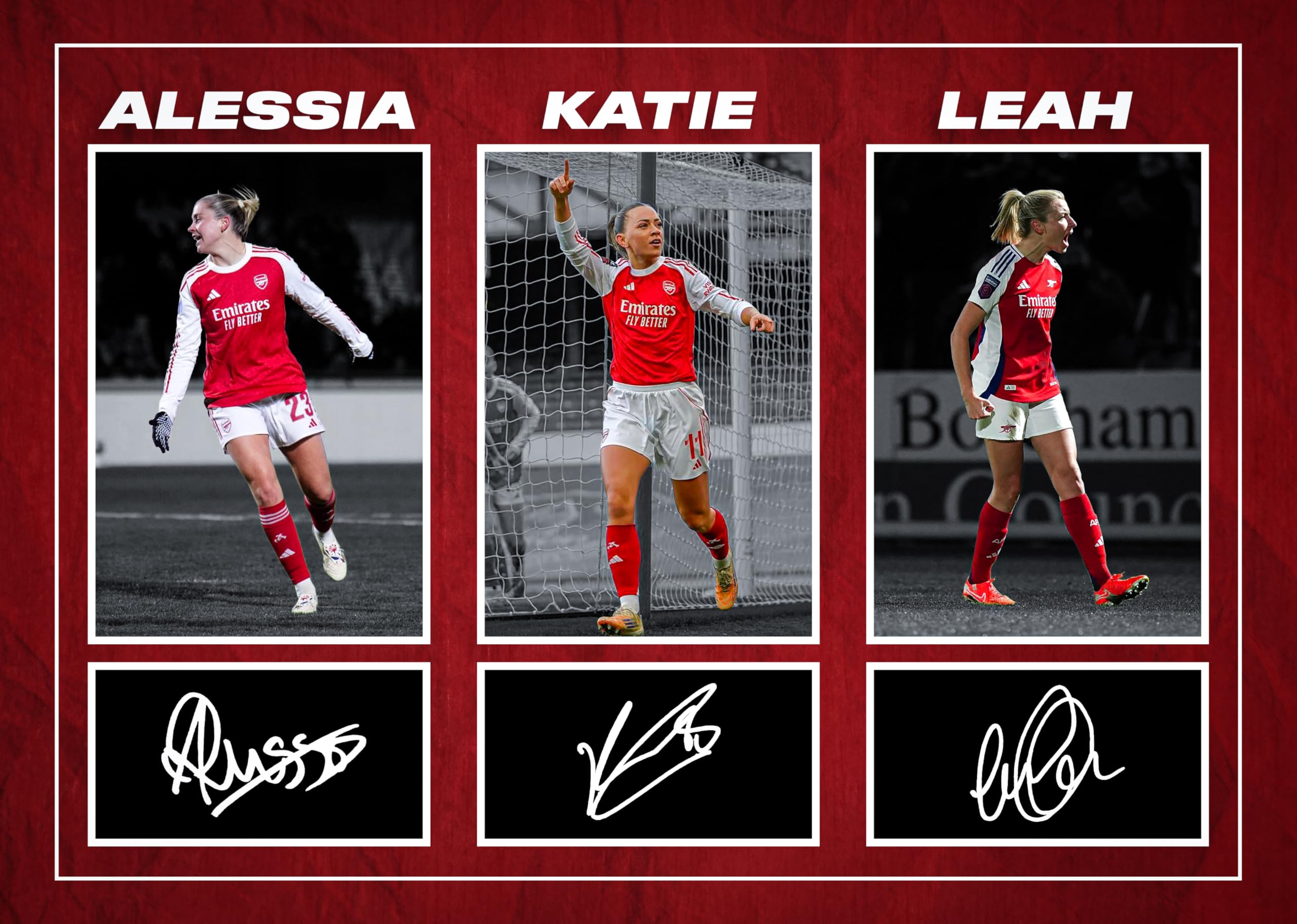 Katie McCabe, Alessia Russo & Leah Williamson - Arsenal Ladies Football Players Signed A4 Montage Autograph Photo Print With Pre Printed Signatures That Would Make A Superb Gift For Any Fan.