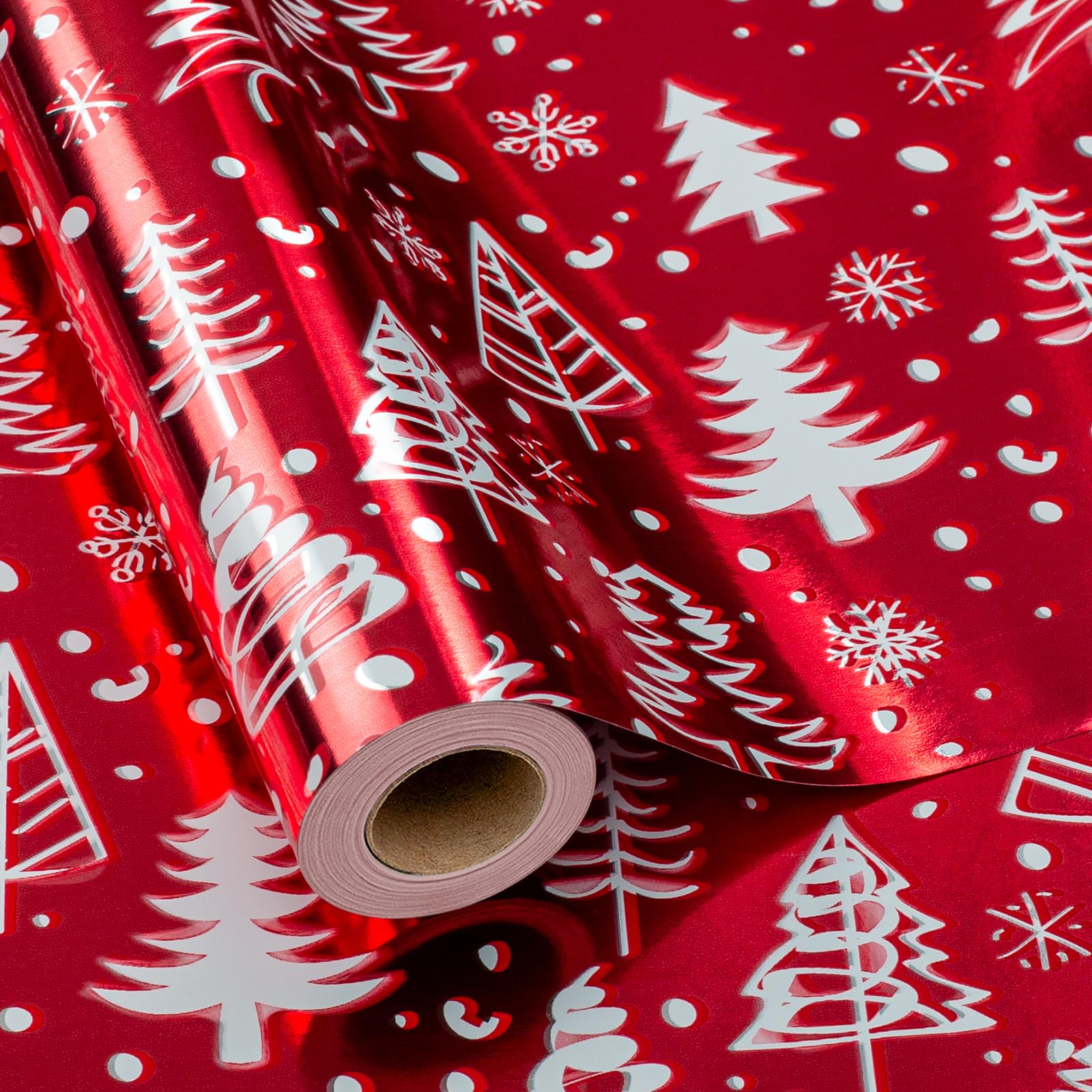 MAYPLUSS Christmas Red Wrapping Paper Roll - 17 Inch X 33 Feet - Luxury Metallic Shiny Red Christmas Tree and Snow Foil Roll Winter Holiday Gift Wrap Sheet for Party, DIY Crafts & Festive Decoration โ image 1