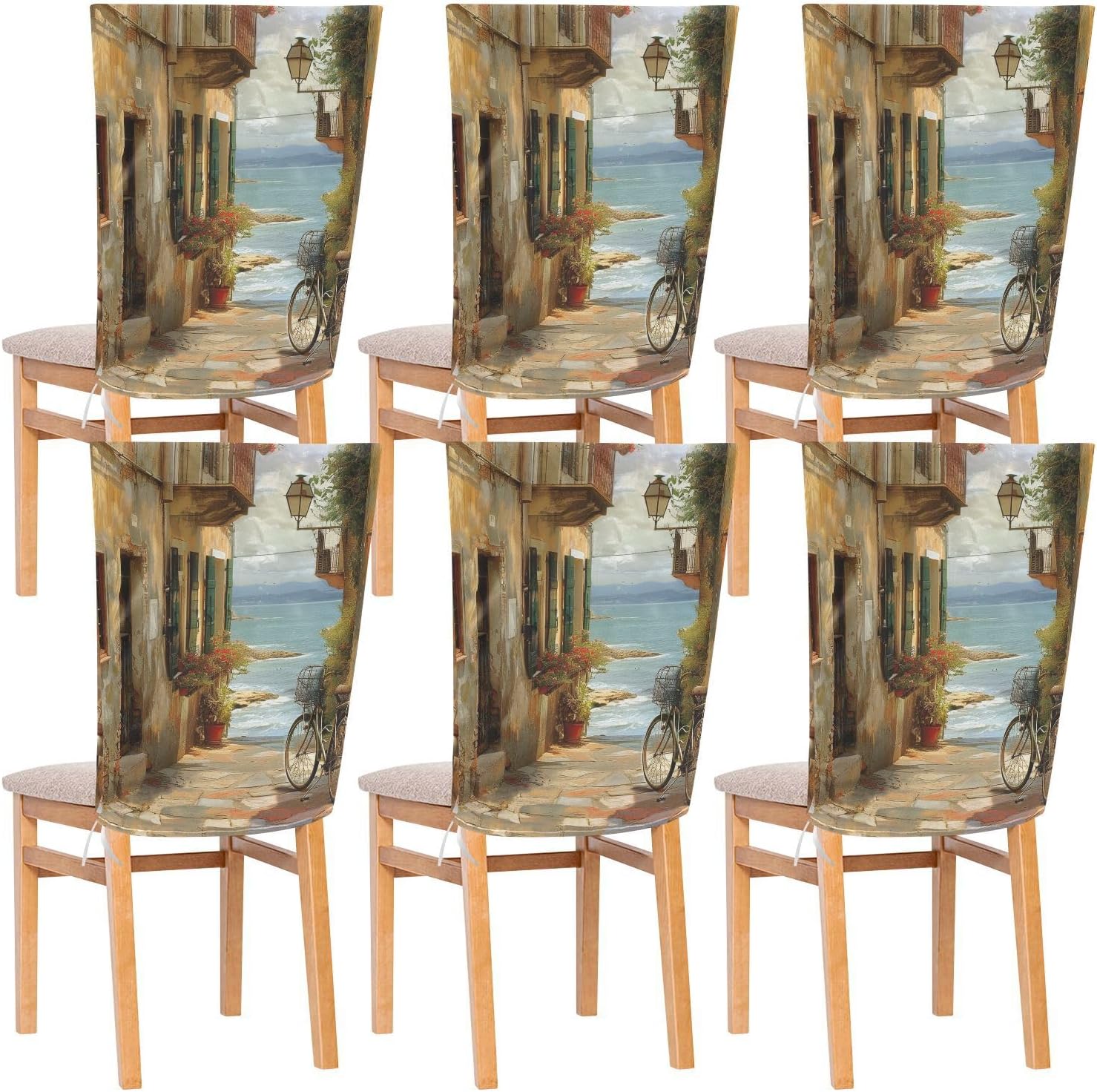 ALAZA Italy Street View Bicycle Chair Back Cover Set of 6, Washable Reusable Removable Chair Slipcovers Decorative Chair Cover for Home Kitchen Wedding Party