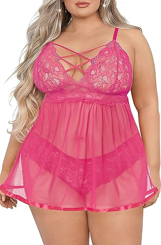 Women's Plus Size Lingerie Sets, Sexy Open Back Babydoll Strappy Lace Chemise - Rose - 5X-Large