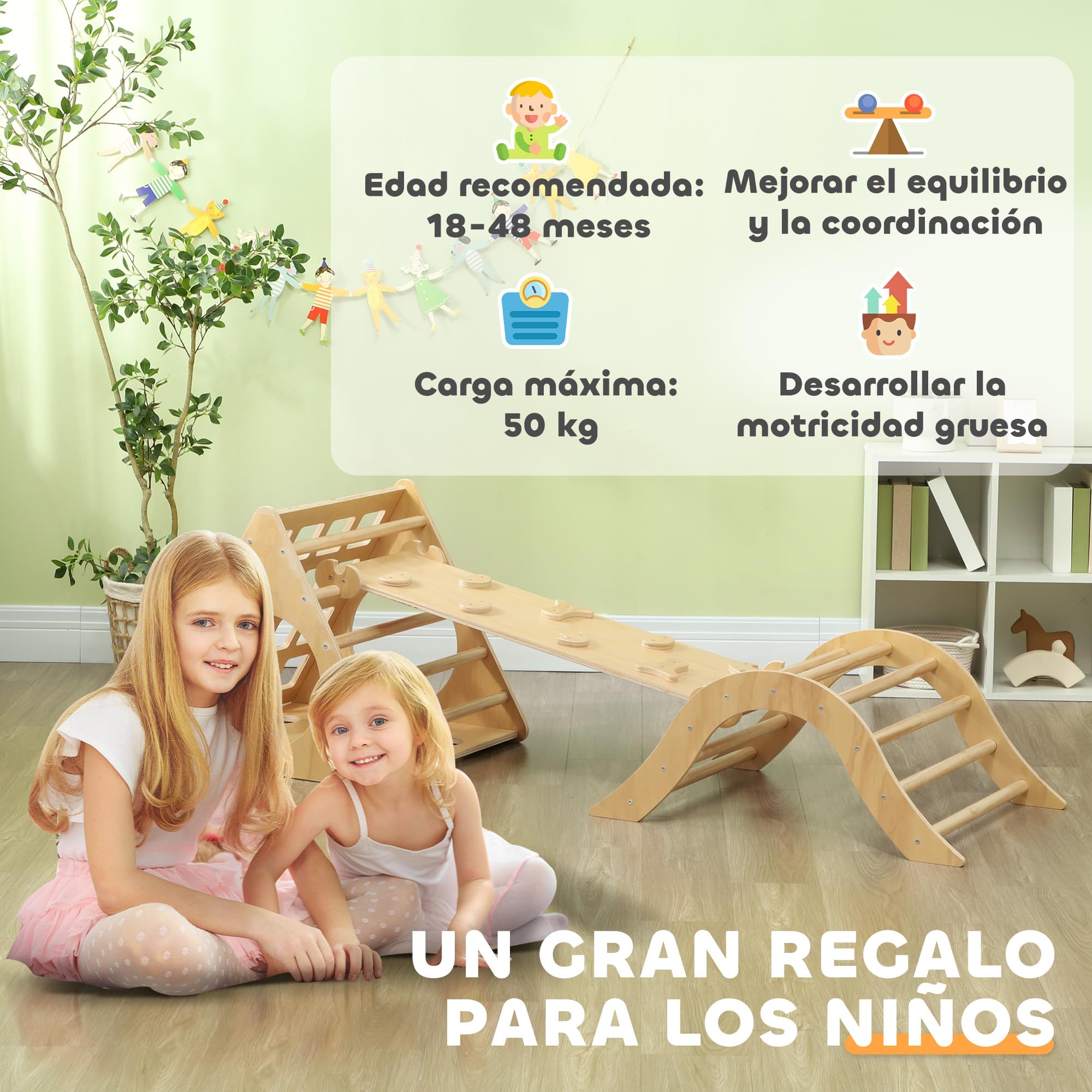 AIYAPLAY 8 en 1 Triángulo de Escalada Montessori con Arco y Rampa Escalada para Niños de Madera de 18-48 Meses con Bolsa de Arena 175x59,5 cm Natural
