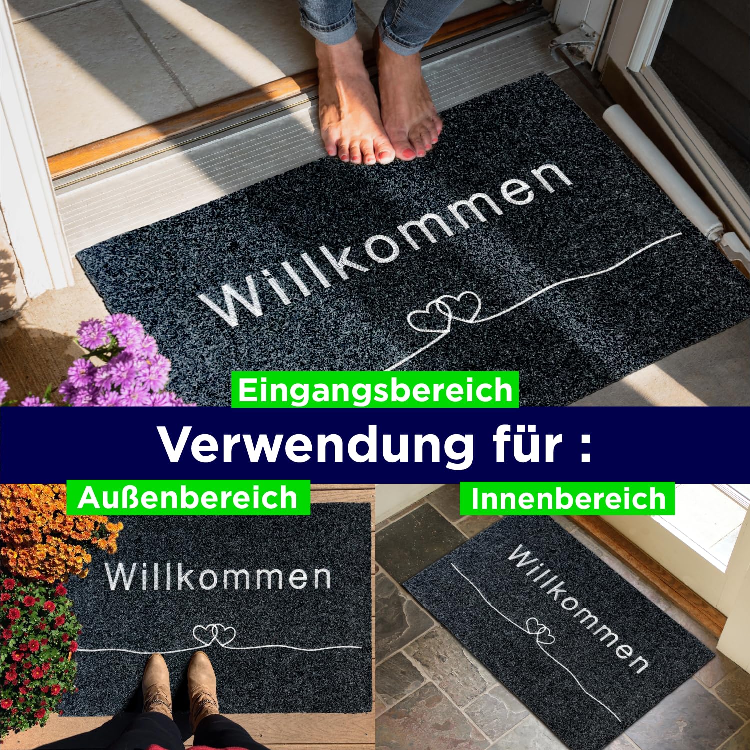 Fußmatte rutschfest waschbar Flur-Matte dünne Haustür-Matte, Schmutzfangmatte für innen und außen, Fussabtreter Eingangsbereich (ANTHRAZIT WILLKOMMEN, 40x60 cm)