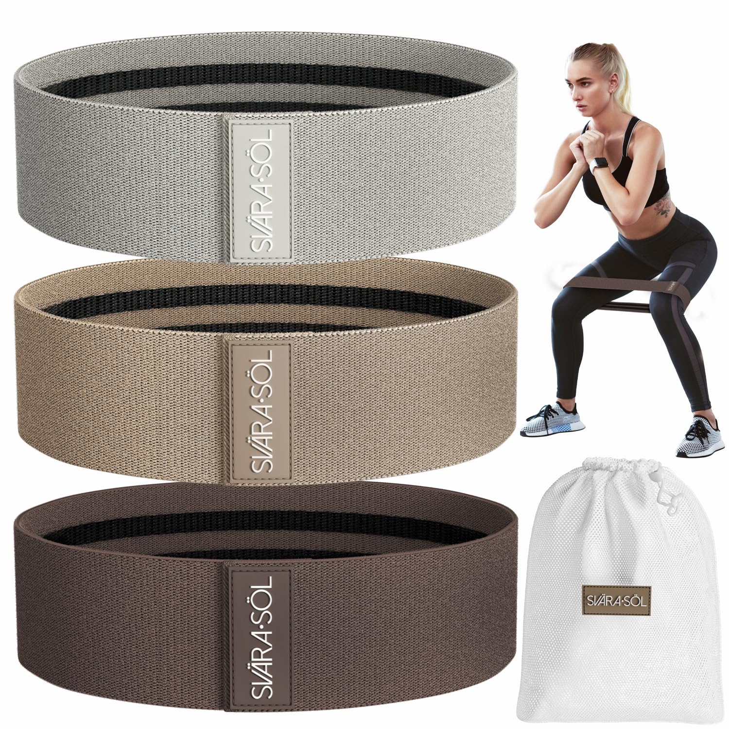Svära Söl Fabric Resistance Bands Set of 3 for Legs, Glutes, Arms, Booty Bands for Women and Men, Resistance Bands for Working Out, Physical Therapy, Strength Training, Elastic Bands for Exercise