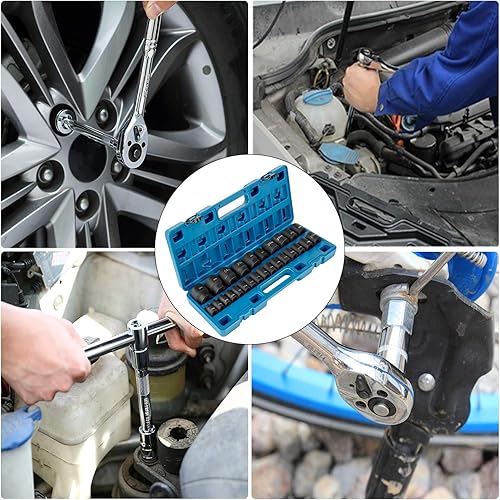 Miniatura 8 de VEVOR Juego de dados de impacto de 12 pulgada, 26 piezas, zócalos poco profundos, enchufes de 6 puntos, construcción resistente, CR-M0, juego de