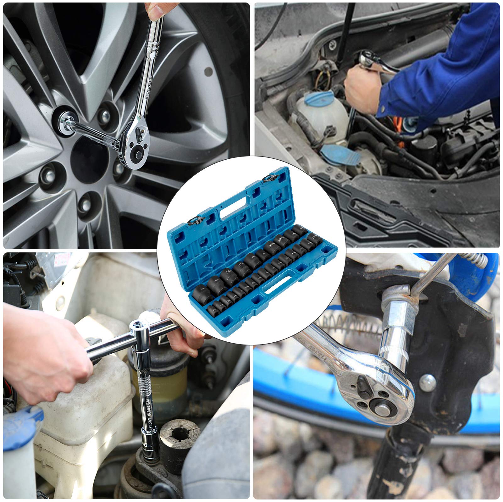 VEVOR Jeu de Douilles à Choc 1/2" 26PCs, 6 Pans en Acier Allié CR-V, Douilles à Impact Peu Profondes 10-36 mm, avec Mallette de Transport, pour Réparation Auto