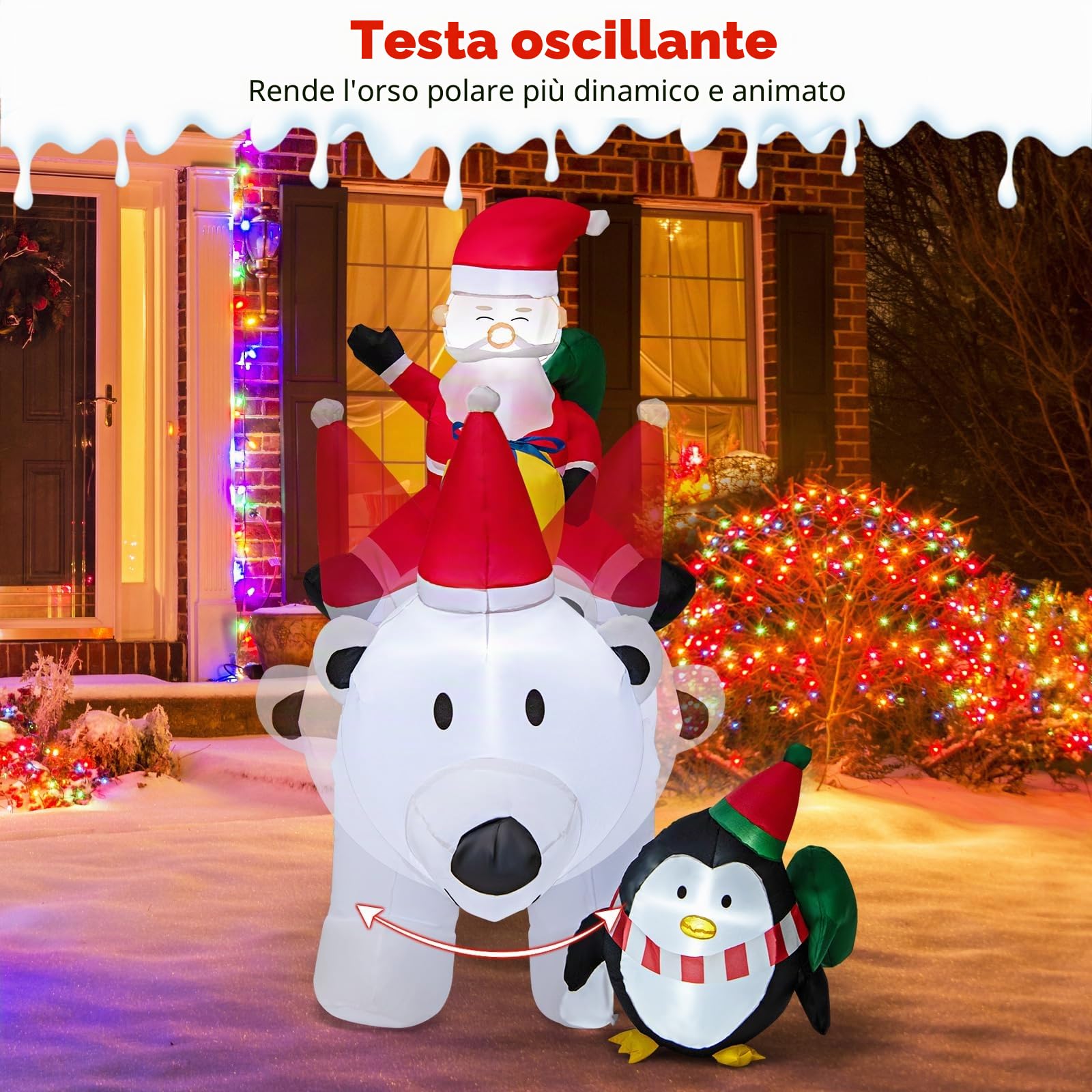 GYMAX Inflatable Natalizio di 210 CM, Orso Polare Gonfiabile con Testa Che Si Agita, Babbo Natale e Pinguino, Decorazione Natalizia Illuminata con Luci LED per Interni ed Esterni, con sacchi d'acqua