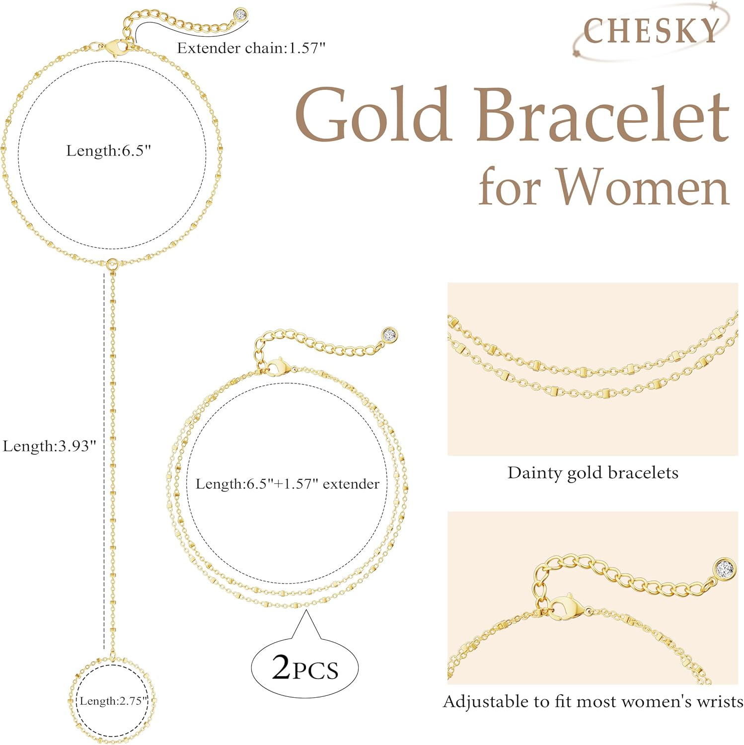CHESKY 14K Gold Plated Hand Chain Bracelets for Women Set - Dainty Finger Ring Bracelet Stack Adjustable Hand Chains Durable Beaded Bracelets Trendy Simple Body Jewelry Gift for Women - Image 5