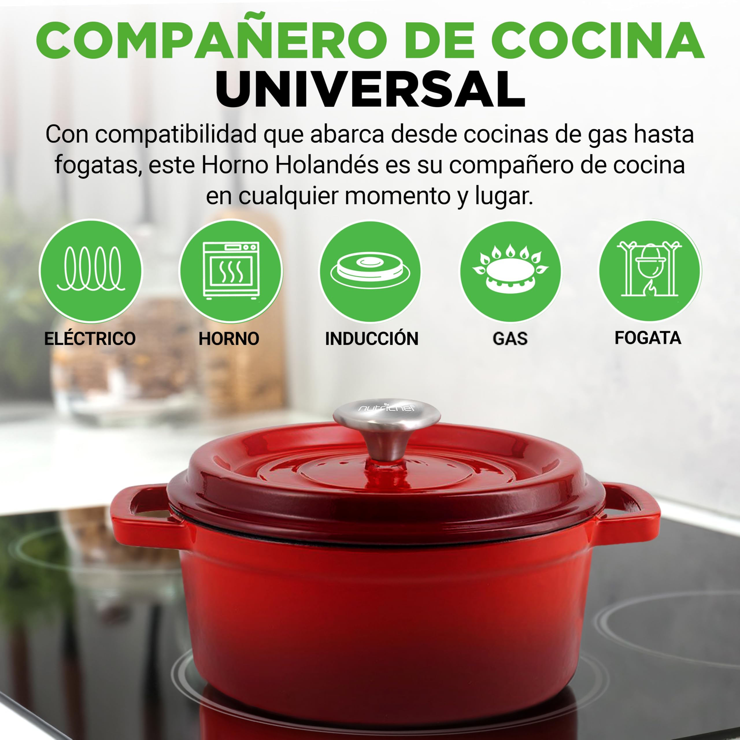 Nutrichef Olla de hierro fundido, Redonda, Esmaltada, 5 cuartos, Recubierta de porcelana, Con tapa