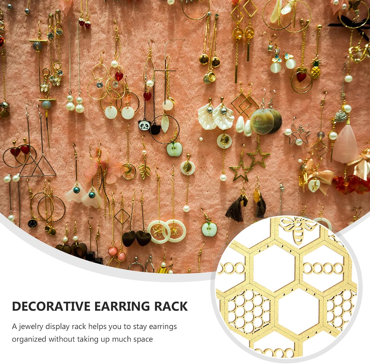 KICHOUSE Honeycomb Design Wooden Earring Display Holder Jewelry Holding Rack with Golden Finish for Jewelry Stores and Clothing Stores, Space-saving Wall Ornament and image 3