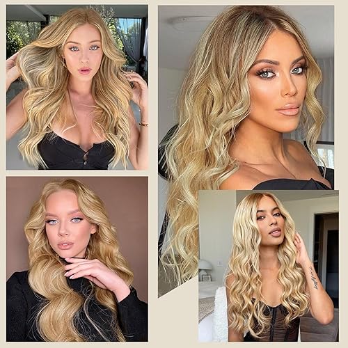 Miniatura 6 de Extensiones de cabello rubio con clip de 20 pulgadas, 6 piezas, largo, ondulado, rizado, rubio fresa, con reflejos rubio decolorado, extensiones de