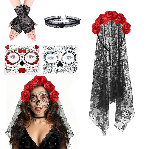 WZBBJuser Diadema del Día de Muertos Halloween Rosas, Velo Floral para Halloween