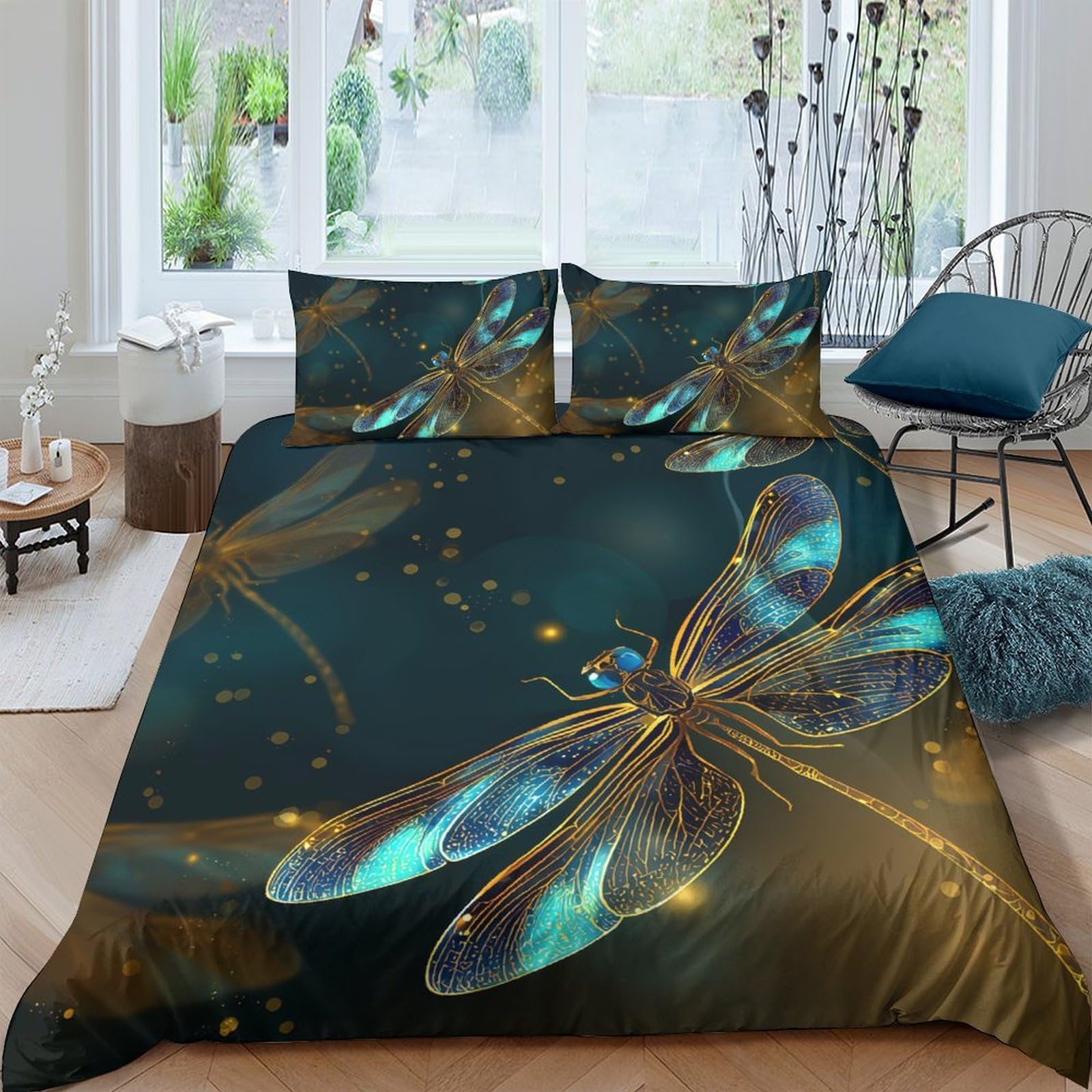 Ctjqhvkz Style-4 3D Printed Blue Dragonfly Fitted Sheet Microfiber Soft Breathable Golden Floral Mattress Cover For Bedroom Decor Single（135X200cm）