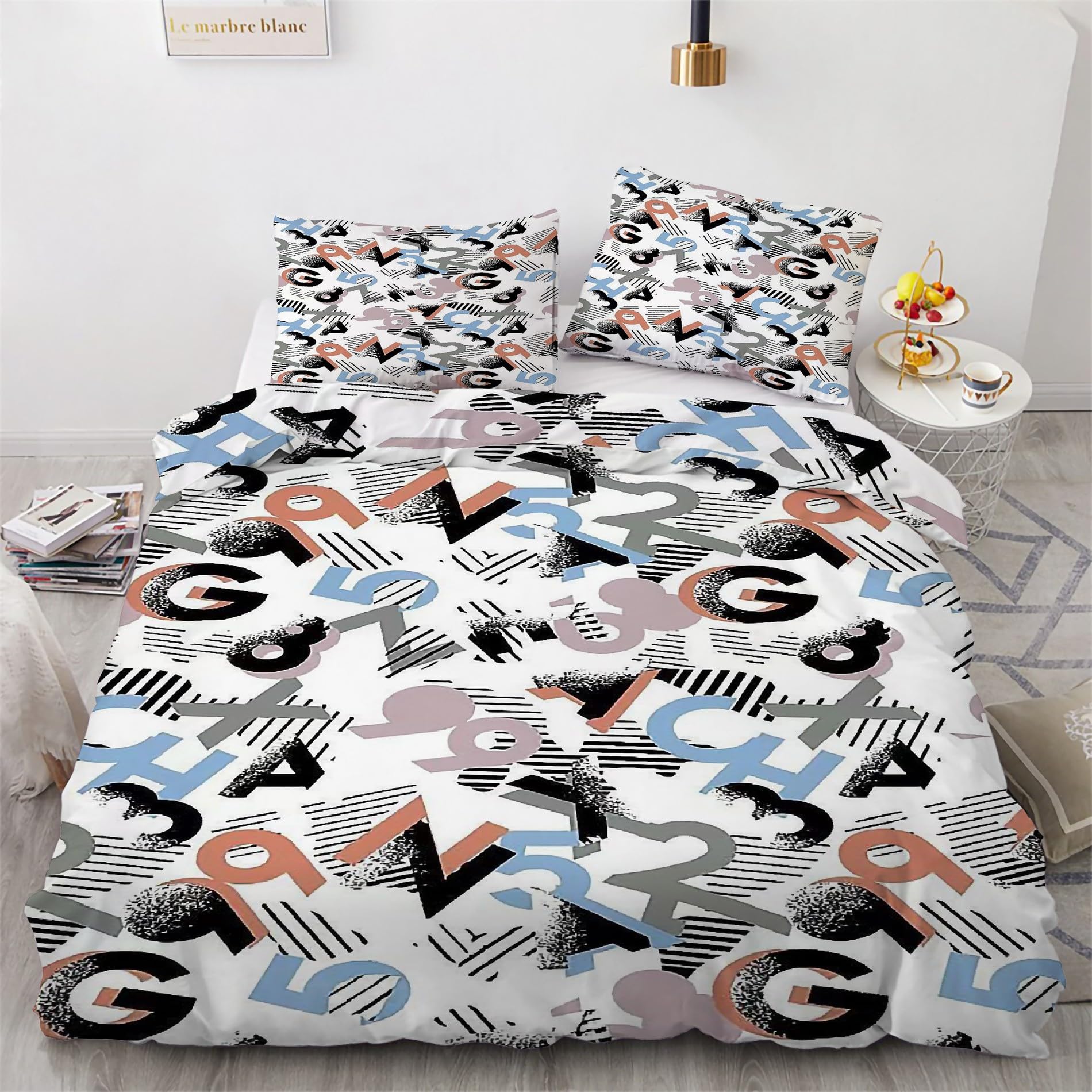 Copripiumino Matrimoniale 240x220 Numeri Geometrici Lettera Biancheria da Letto Morbido Microfibra Copri Piumone e 2 Federe Abbinate, con Zip, Ipoallergenico HR161