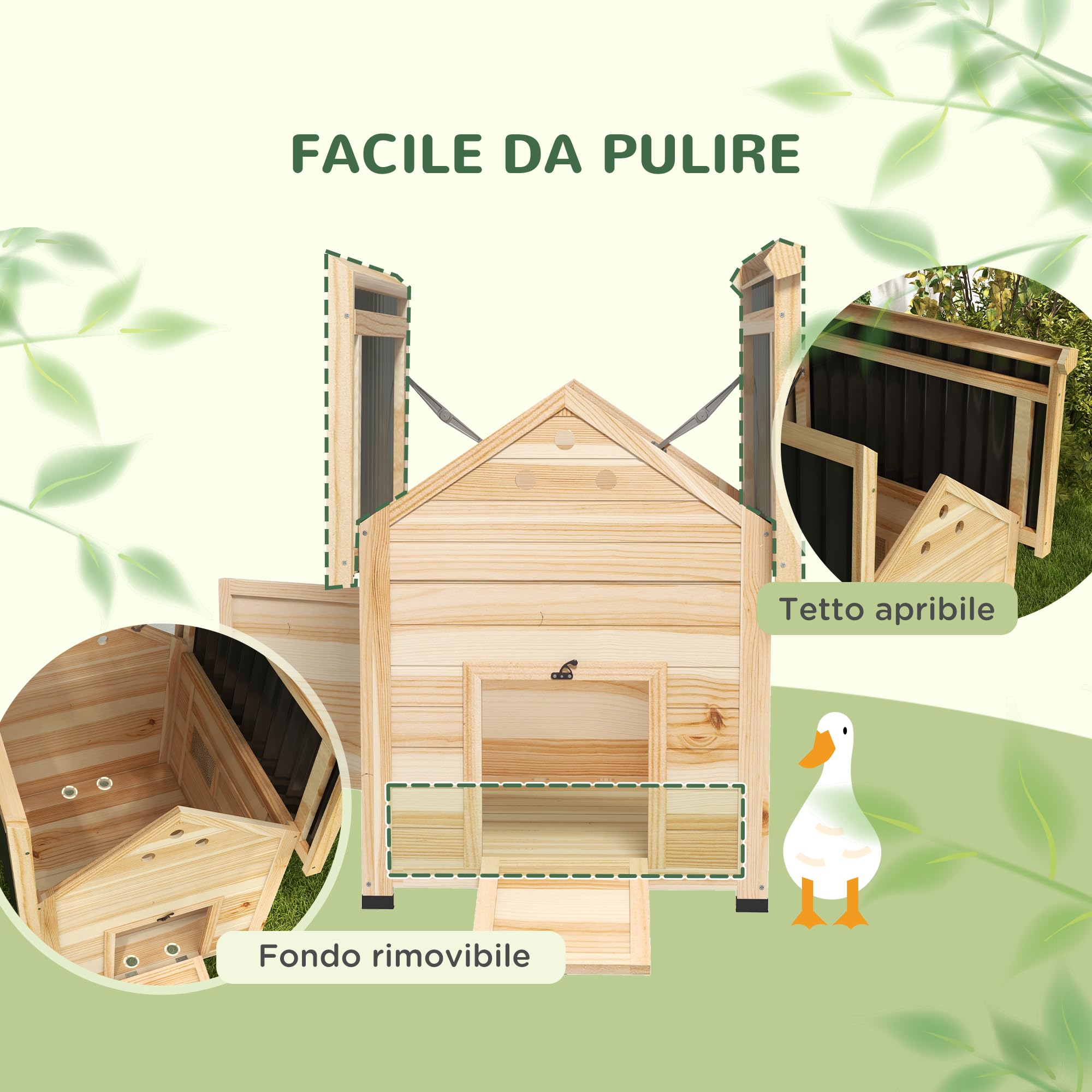 PawHut Casetta per Anatre da Esterno, Stia per Anatre con Rampa, Fondo Rimovibile, Tetto Spiovente e Fori di Ventilazione, 78x90x92 cm, Legno