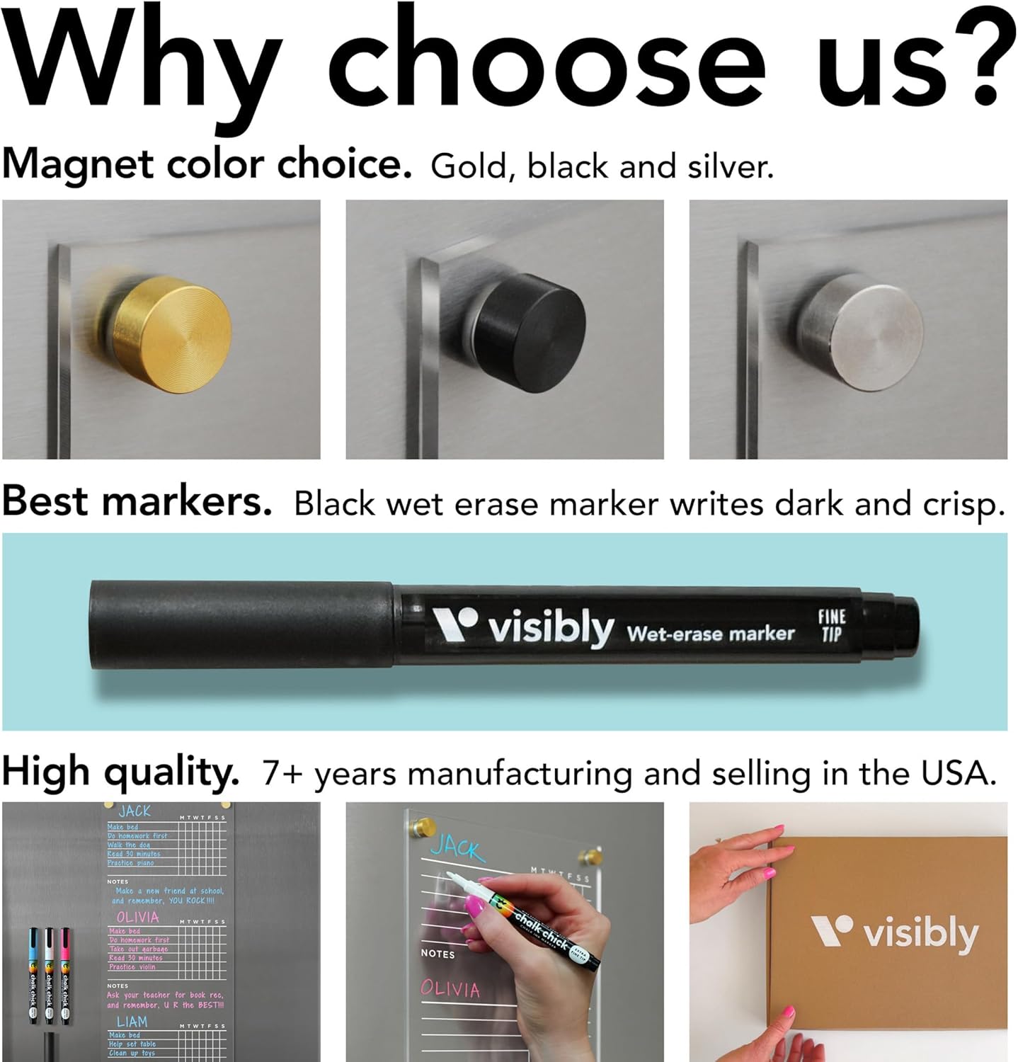 Magnetic Acrylic Chore Chart for Fridge - 7” x 18” Wet-Erase Task Board with 4 Magnetic Markers, Clear Reusable Refrigerator Organizer with Gold Magnets