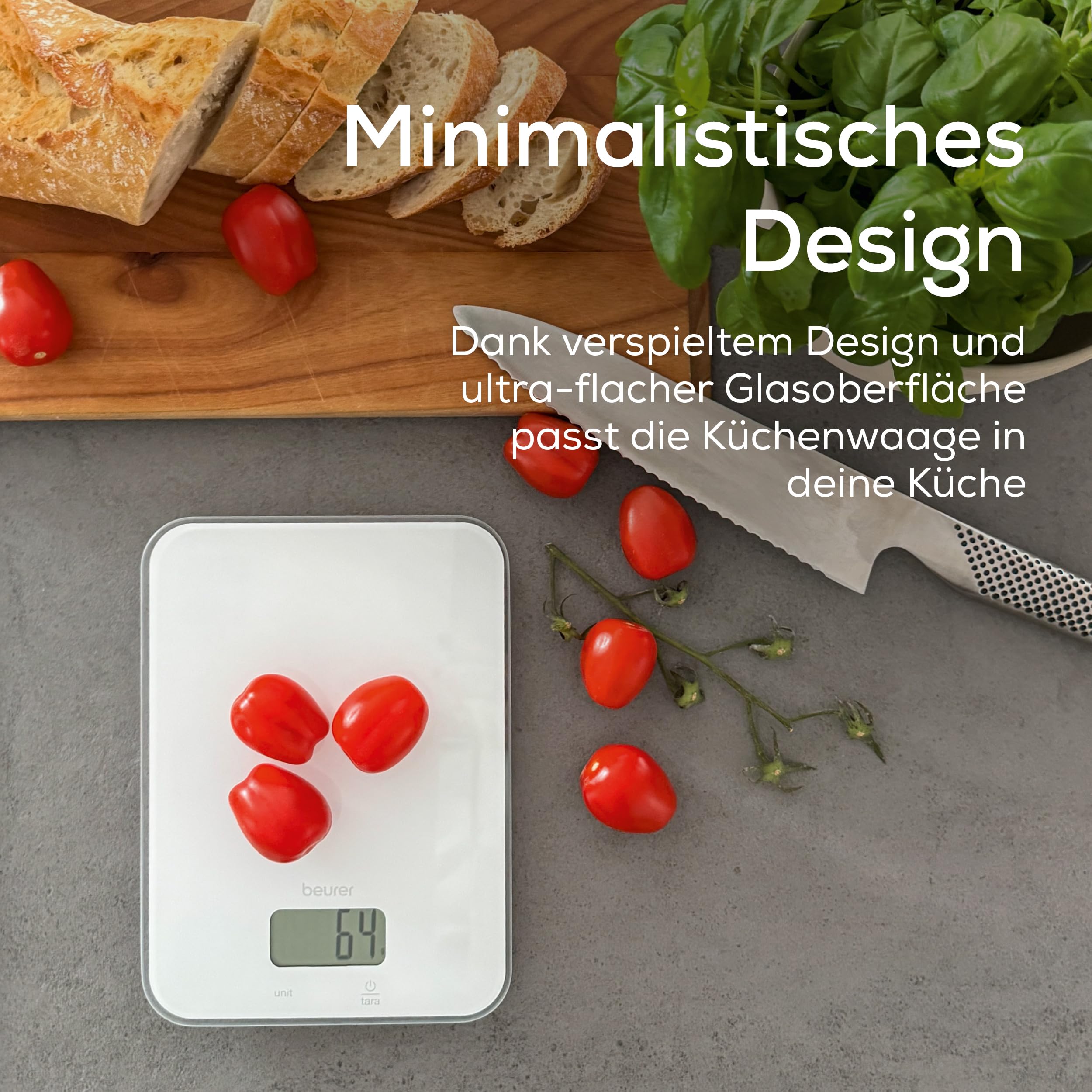 Beurer KS 19 Pure White digitale Küchenwaage, Tragkraft bis zu 5 kg (1-g-genaue Einteilung), Haushaltswaage mit Sensor-Touch, Lebensmittelwaage inkl. Batterien, ultraflaches Design, weiß