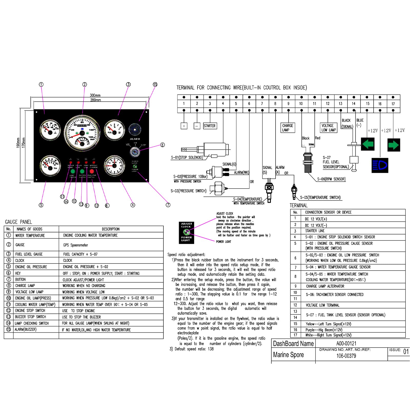 Juego de 5 Indicadores, Panel de Instrumentos, Velocímetro, Nivel de Combustible, Temperatura del Agua, Medidor de Presión de Aceite, Reloj Multifunción para RV, Yate, Barco, (24V)