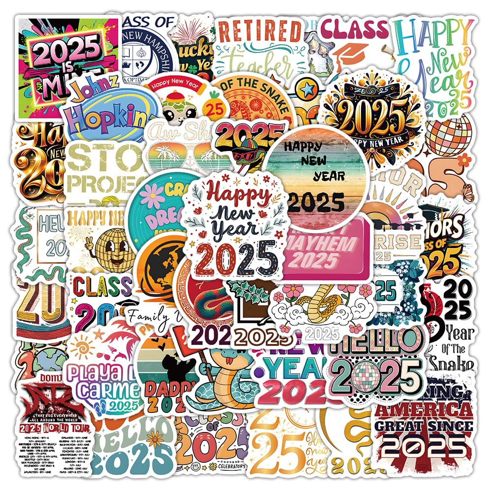 2025 Stickers 50 Pcs Waterproof Funny Happy New Year Sticker for Water Bottle Laptop Skateboard Bumper Luggage Computer Motorcycle Car Bike,Vinyl Cute