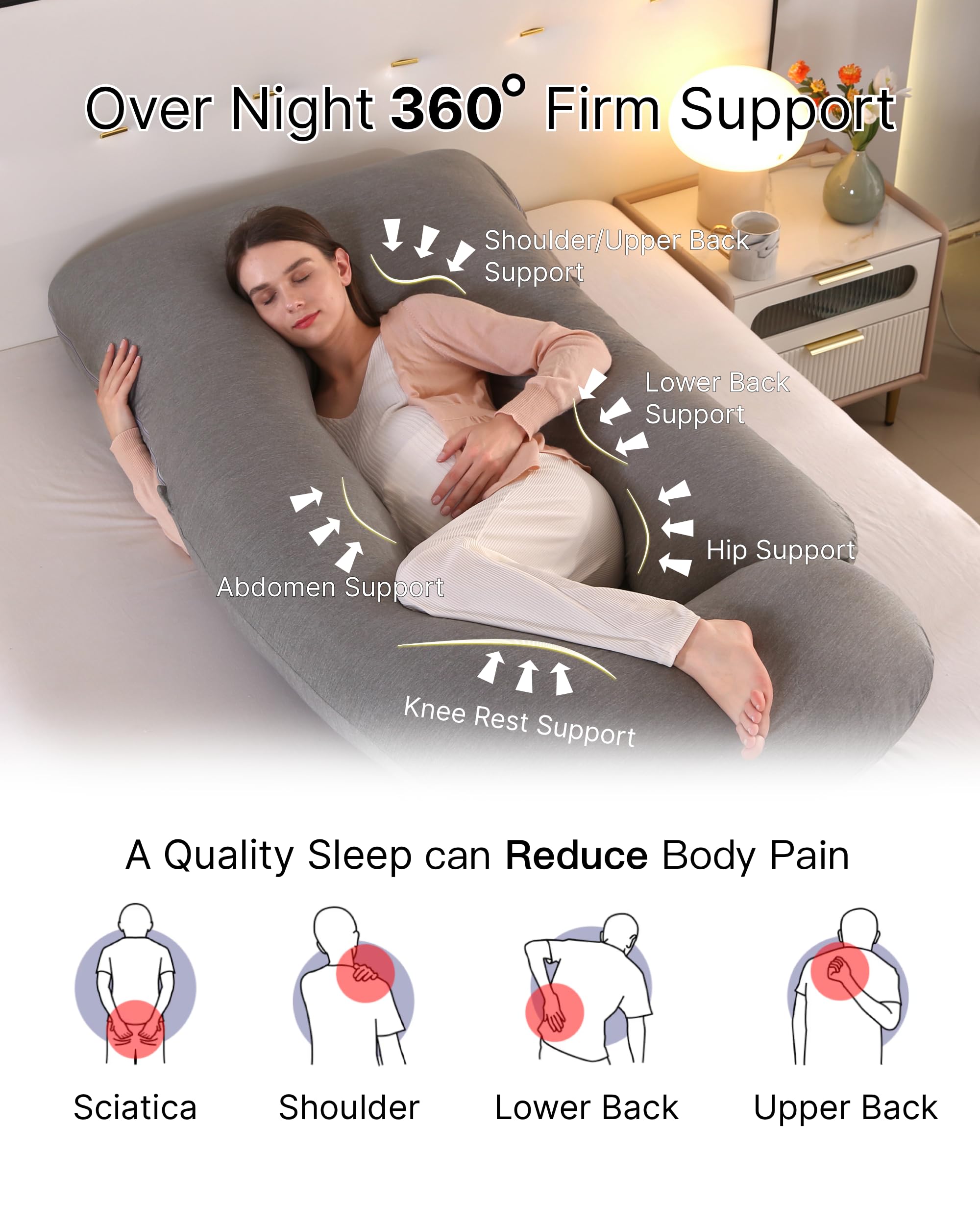 ALLOPERA, cuscino gravidanza 145 cm – Supporto per gambe, schiena, collo, spalle, fianchi e pancia per donne incinte, con federa removibile e lavabile a effetto rinfrescante (Cooling Cover)