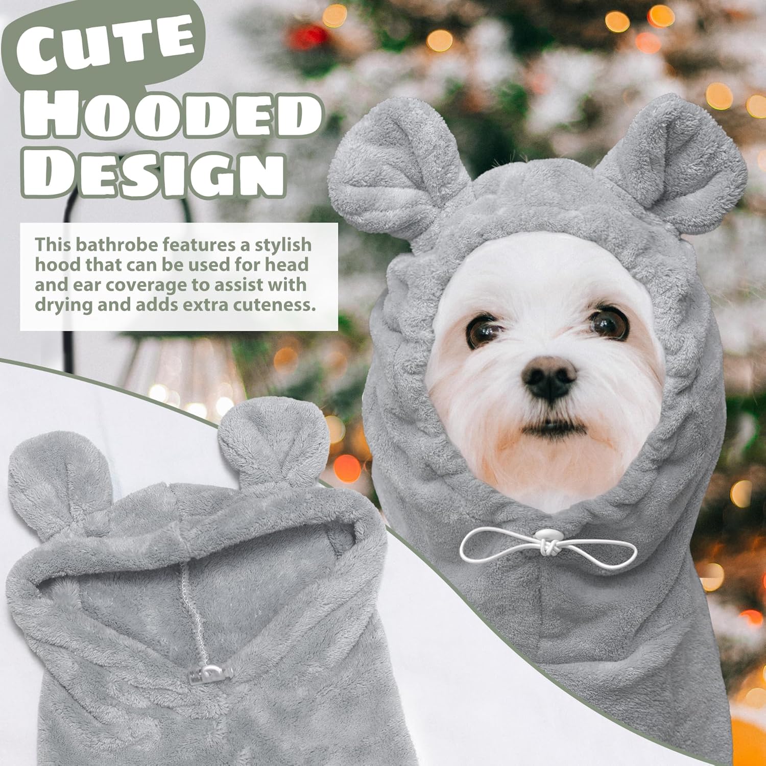 Dog Bathrobe Super Absorbent Towel Robe - Microfiber Bath Towels Fast Drying Coat for Dogs, Cute Dogs Clothes Adjustable Collar & Belly Strap Warm Keeping Hooded Dog Towel (Grey, Large)