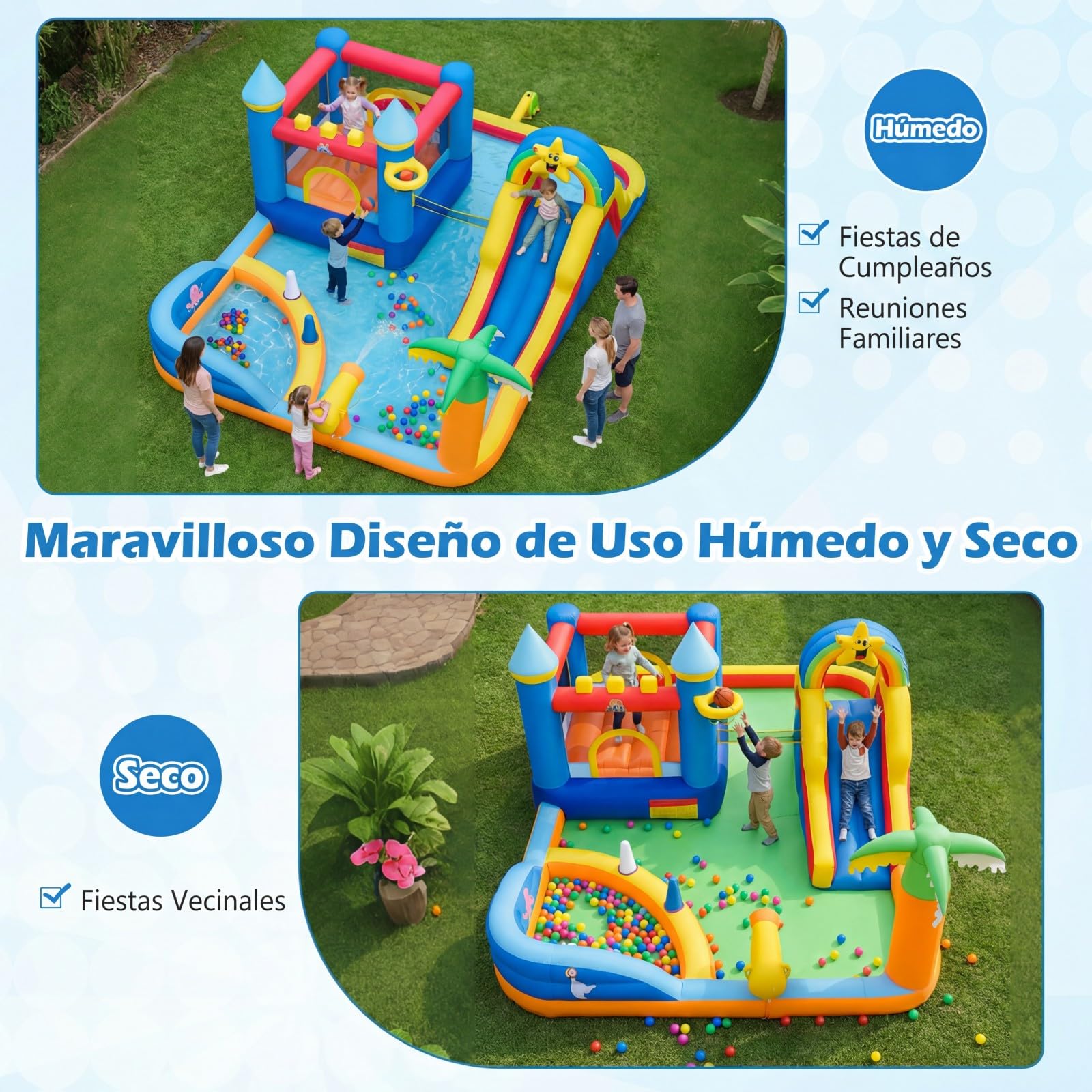 COSTWAY Castillo Hinchable, Parque Infantil con Temática de Playa con Muro de Escalar, Cañón de Agua, Pelotas Oceánicas, Fútbol, Baloncesto, Voleibol, Castillo Inflable al Aire Libre (sin soplador)