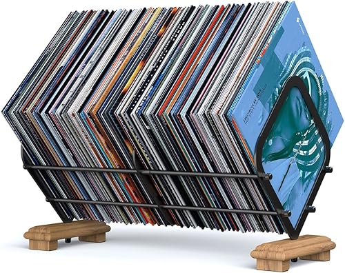 Miniatura 9 de Soporte de almacenamiento para discos de vinilo, organizador de discos de vinilo, estante de exhibición de hasta 80 LPs de capacidad, estructura