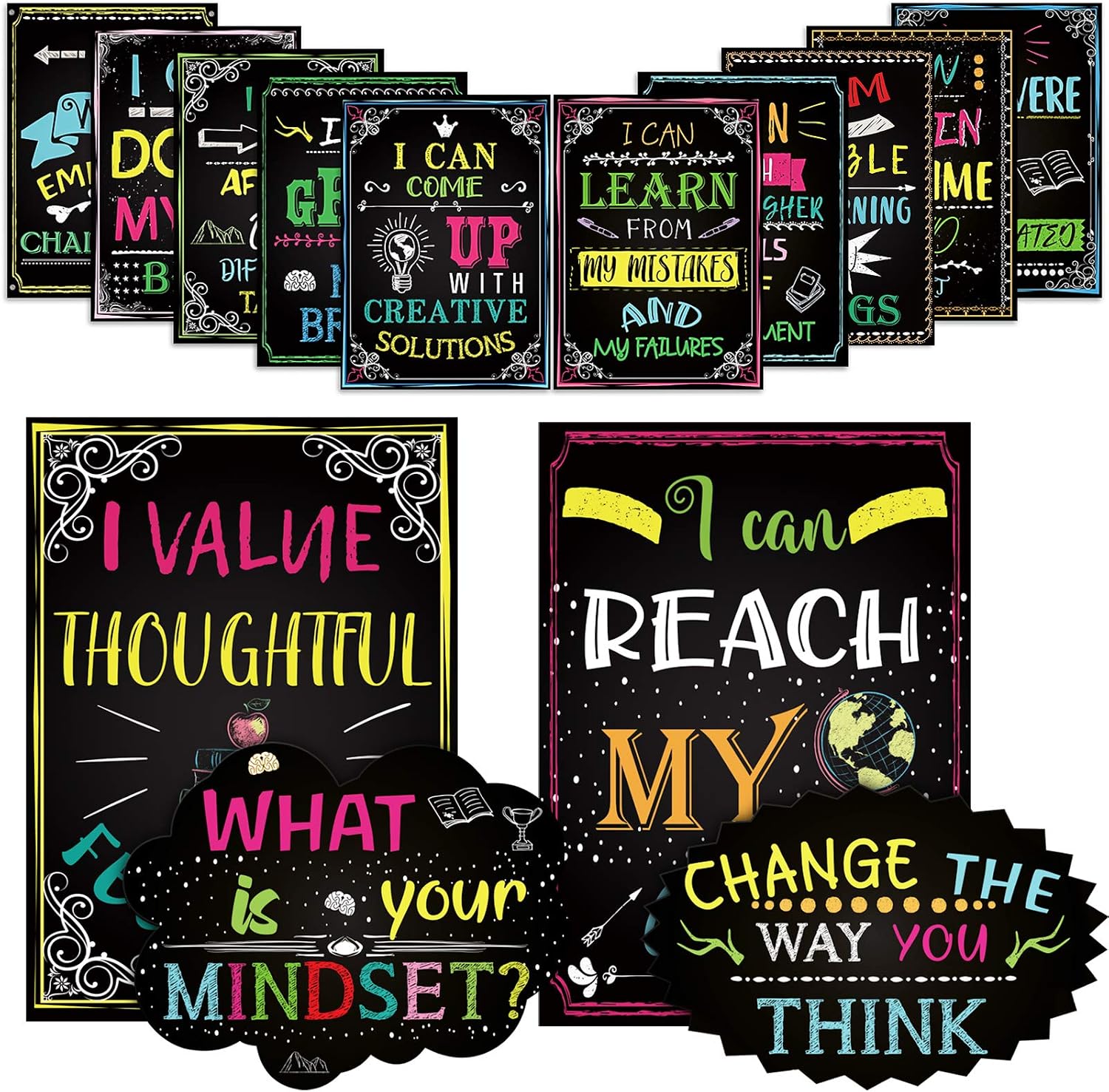 14 Motivational Posters for Classroom What is Your Mindset Bulletin Board Decoration, Inspirational Sign Positive Quote Wall Art I Can for Office Teachers Students School Classroom Decorations