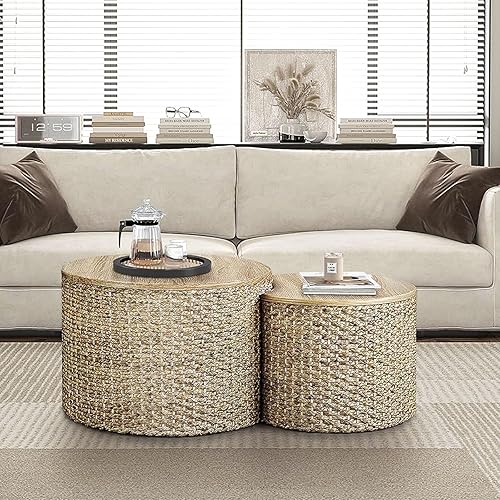 Nesting Coffee Table (Set of 2), Rustic Round Coffee Table with Side Tables, Hand-Woven Exterior with Rubber Cushion Base for Living Room, Bedroom and Kitchens (Natural)