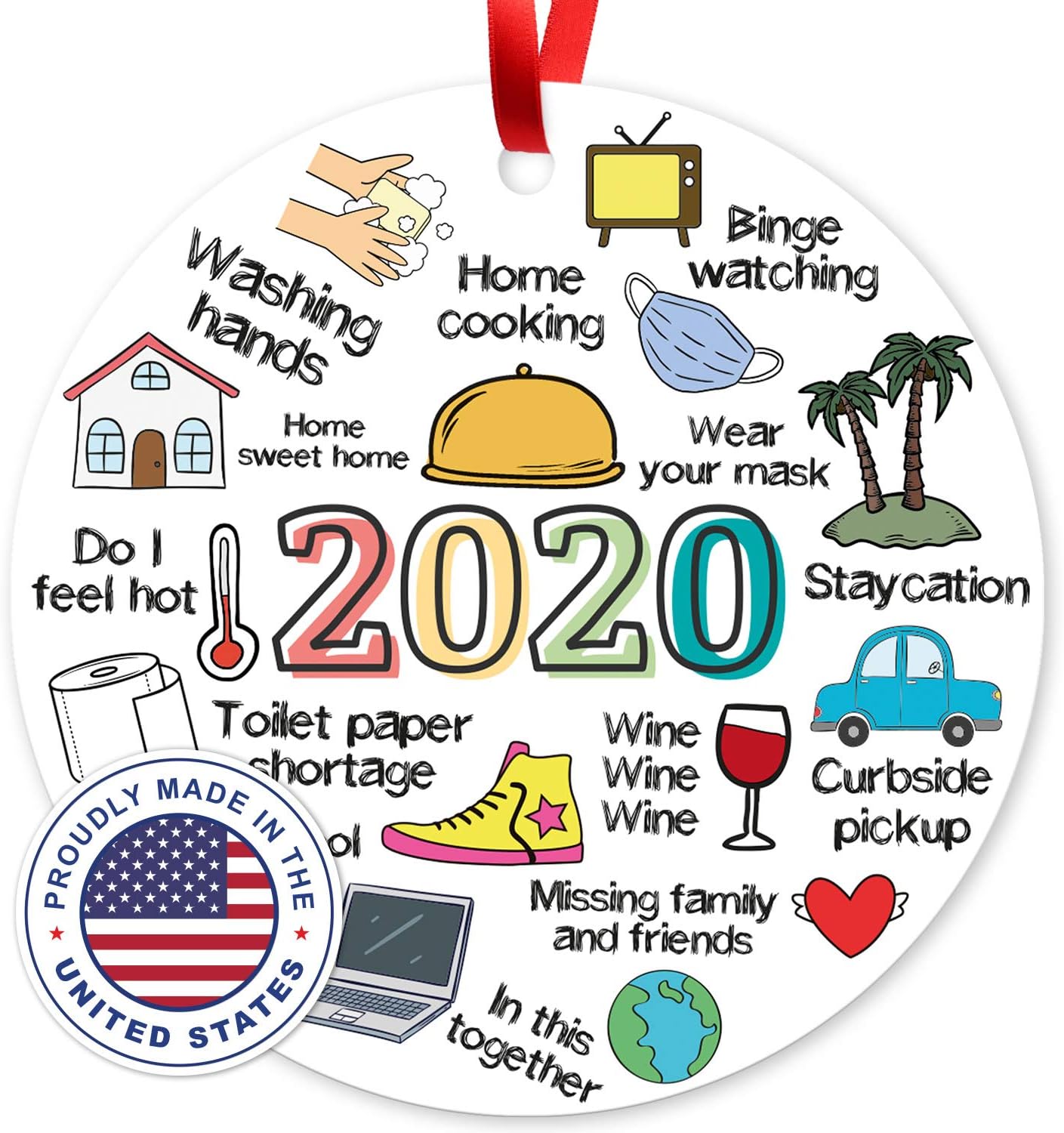 Soul Décor 2020 Christmas Ornaments, Christmas Tree Quarantine Decoration 2020 Events Keepsake, Large 3.75" Round Metal Ornament, Velvet Pouch Included