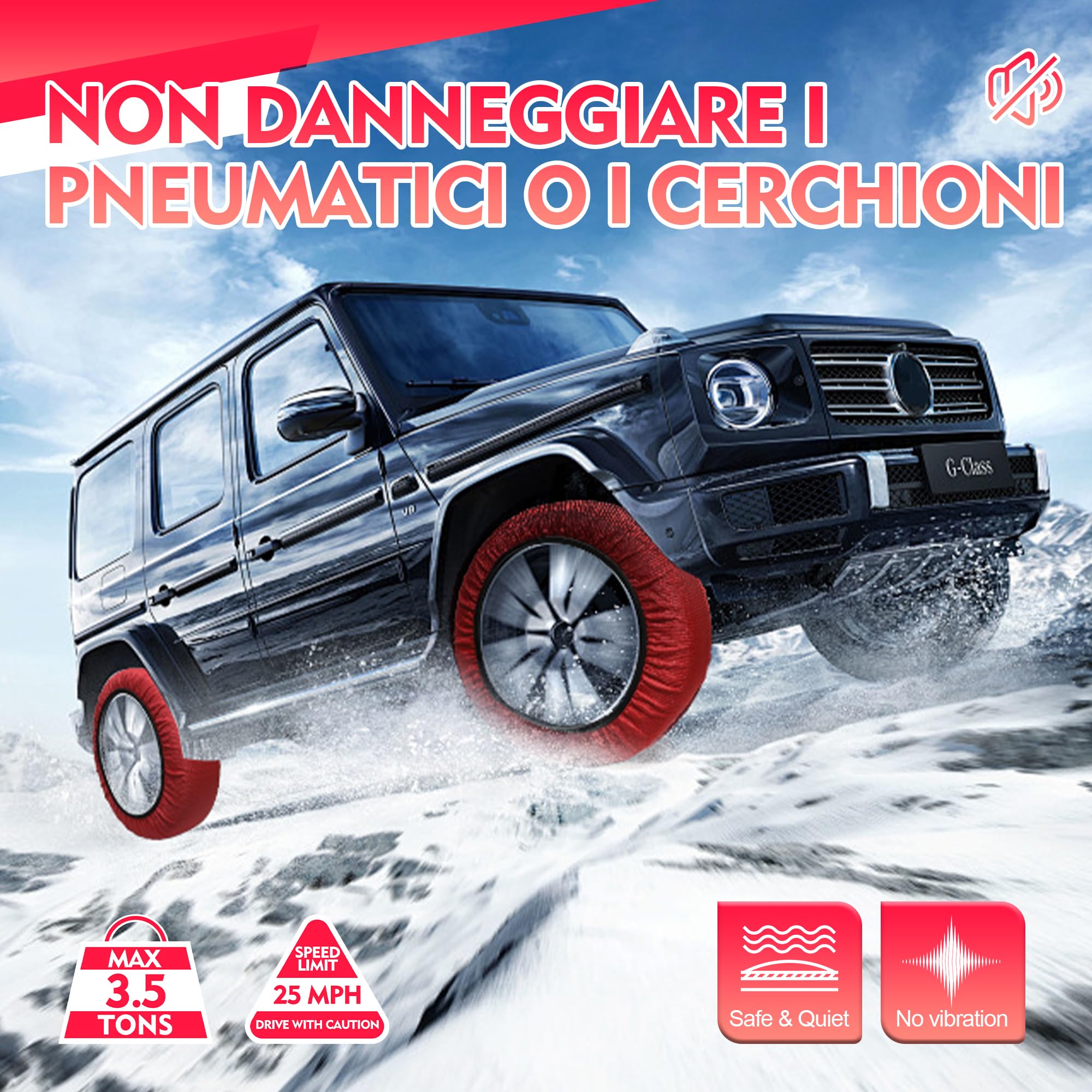 Set di 2 Catene di Scorrimento Per Auto in Tessuto,Coni pieghevoli per il traffico, buona presa, testata e certificata secondo la normativa EN 16662-1 (Rossi)-L