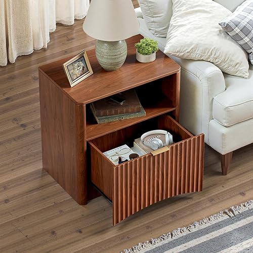 Miniatura 7 de Evermagin Juego de 2 mesitas de noche acanaladas, mesita de noche de nogal con cajón y almacenamiento, mesa auxiliar de madera moderna de mediados