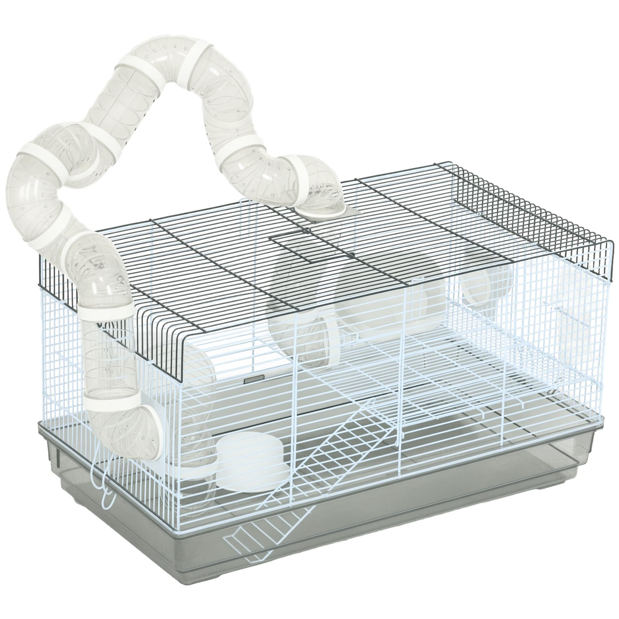 PawHut Cage pour Hamster et Rongeur avec Tunnel, Accessoires Inclus, Poignée, Fil d'Acier, 58 x 32 x 31 cm, Gris