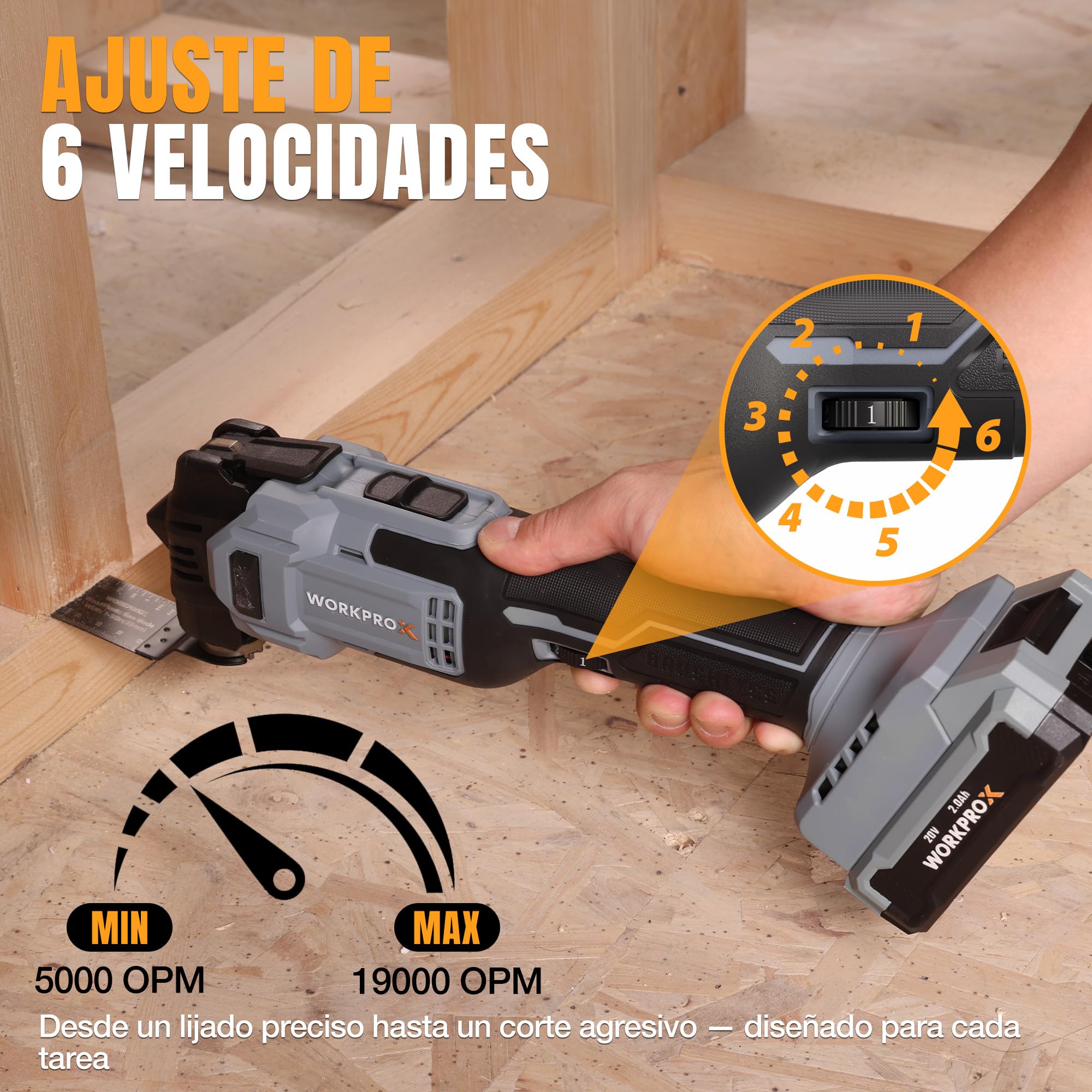 WORKPROX Multiherramienta Oscilante a Batería 20V con Motor Sin Escobillas | 6 Velocidades, Oscilación de 3,6°, Batería Incluida, 22 Accesorios y Bolsa, para Cortar, Raspar y Lijar