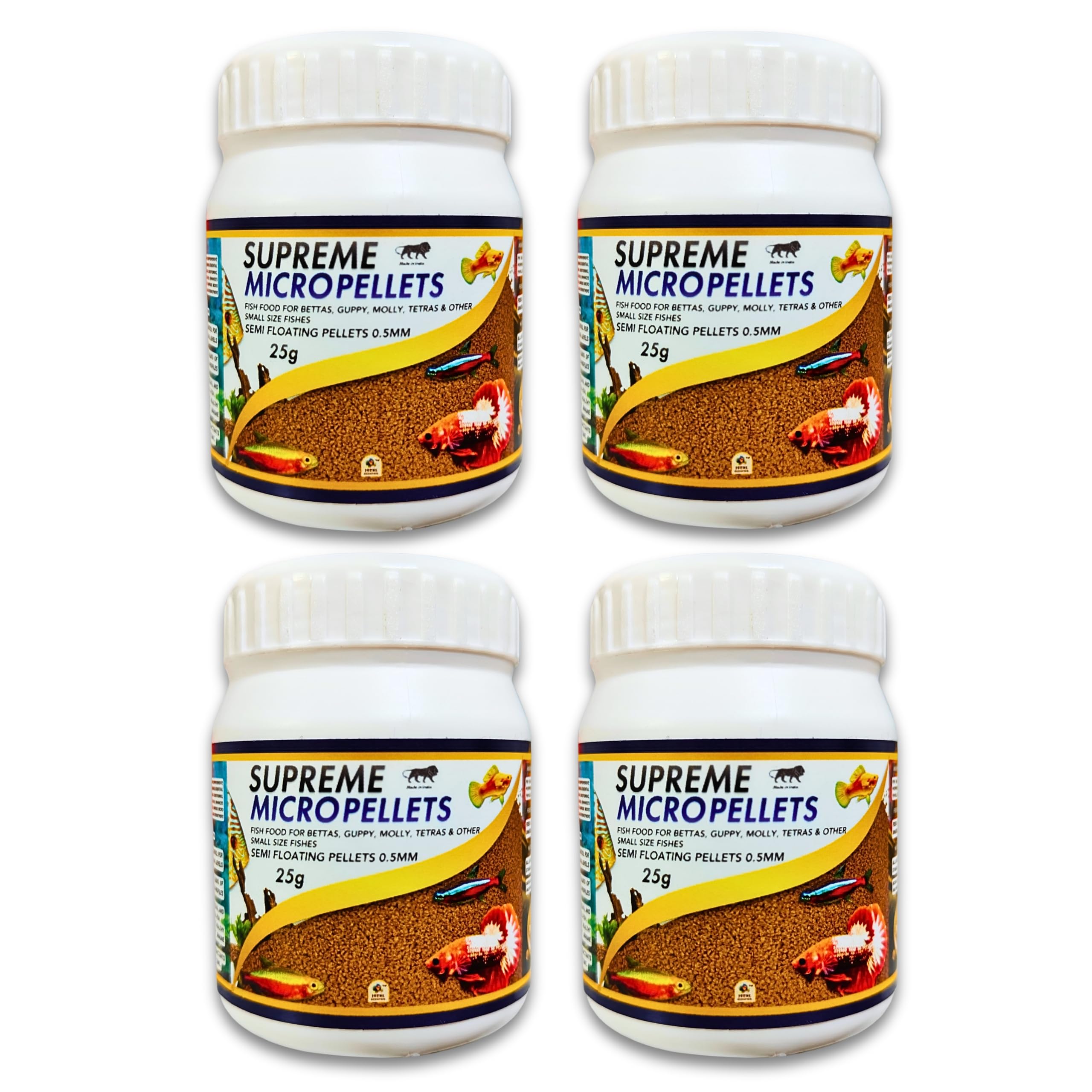Jothi Aquatics Supreme Micro Pellets Aquarium Fish Food 100g (25g x 4) | 60% Max Protein | Guppy, Betta, Molly, Tetra | Growth, Color & Immunity Booster