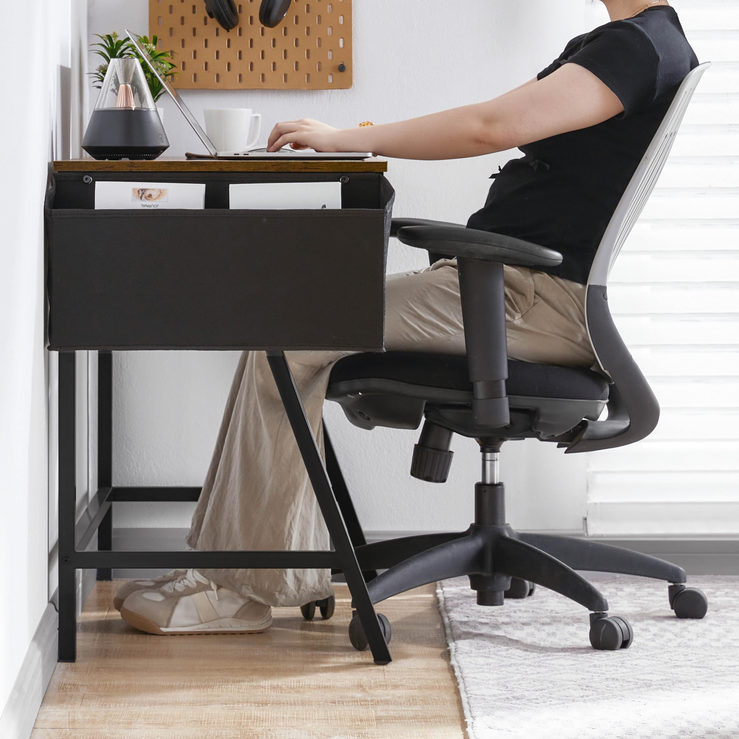 Vida Designs Brooklyn - Scrivania per computer piccola, 112 cm, con contenitore, per casa e ufficio, postazione di lavoro in stile industriale moderno (legno scuro)