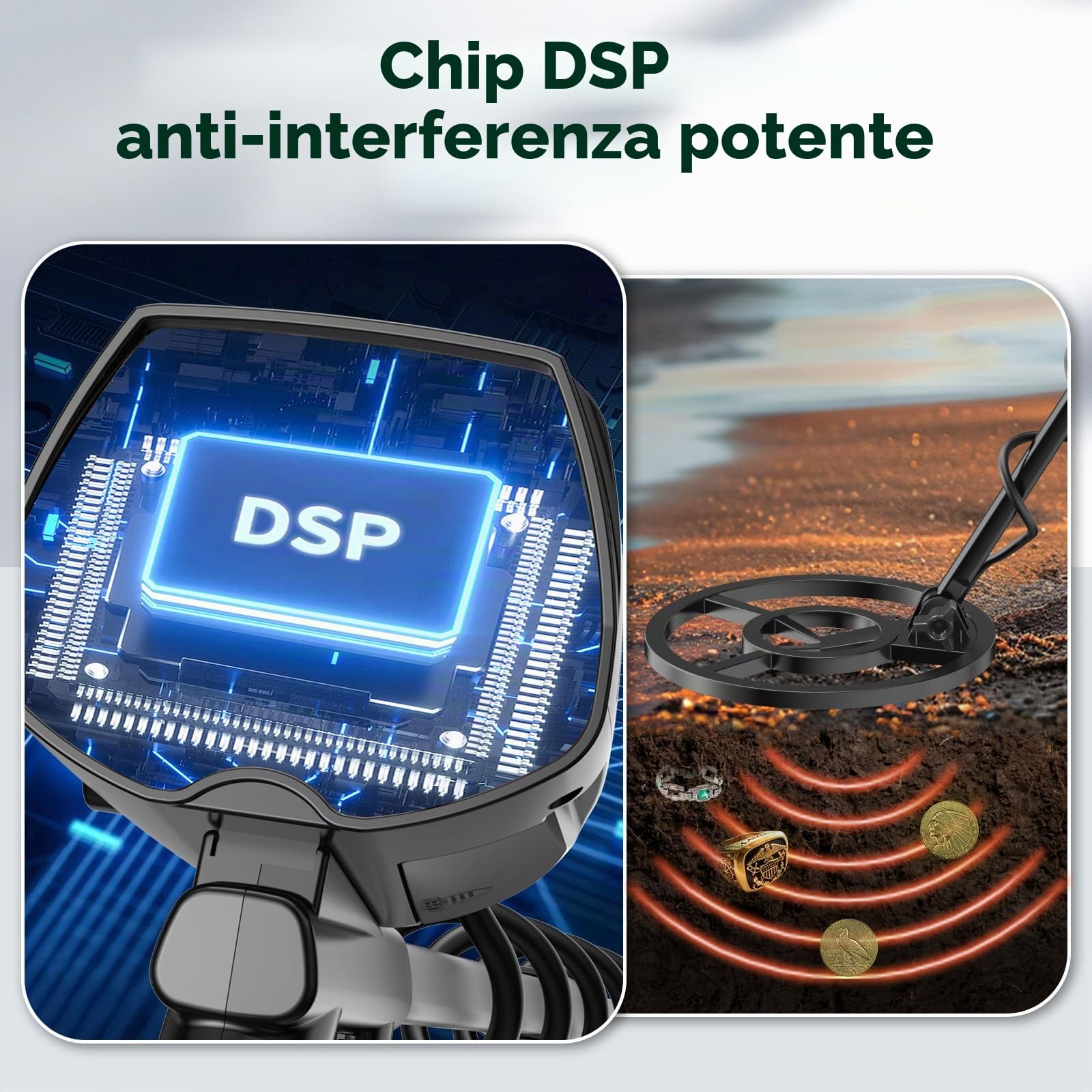 OMMO Metal Detector Professionali per Adulti e Bambini, Verde | Pinpointer Ricaricabile USB, 3 Modalità, Alta Precisione, Bobina Impermeabile IP68