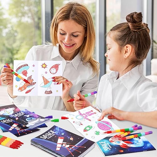 Miniatura 4 de BenLouis 24 mini libros para colorear del espacio exterior para niños con 24 crayones apilables, regalos de fiesta de astronautas, libros de