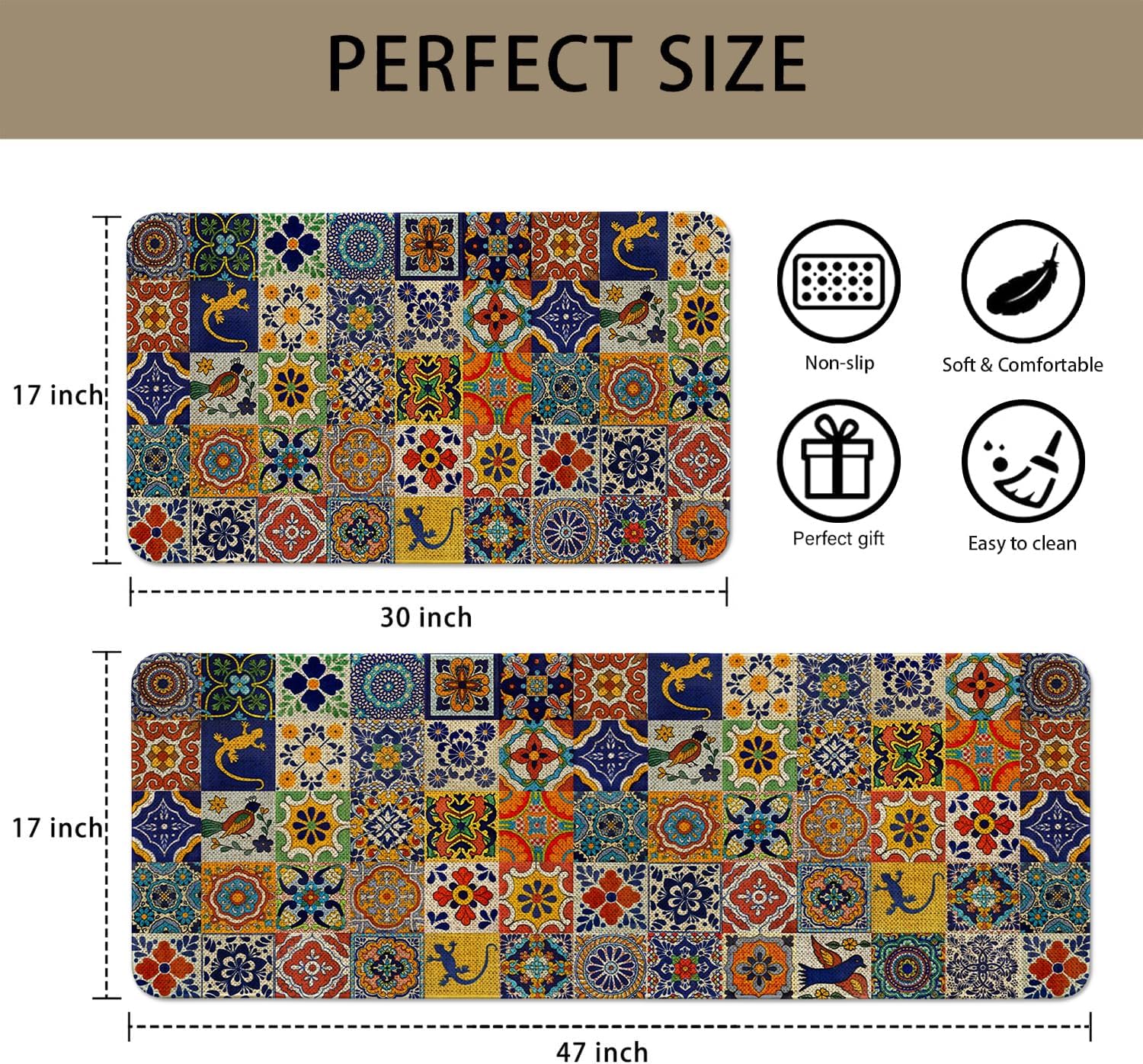 Mexican Talavera Kitchen Rugs Sets of 2 Non Slip Washable, Mexican Tile Kitchen Mats for Floor 2 Piece Home Decor